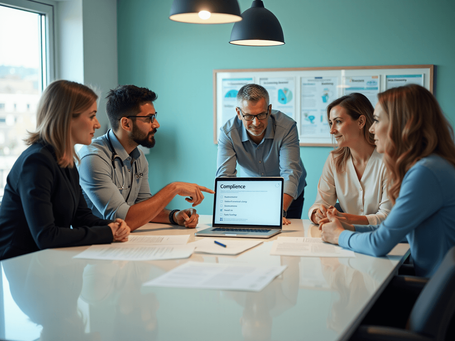 Laptop on a conference table showing a compliance checklist, with a team gathered around it
