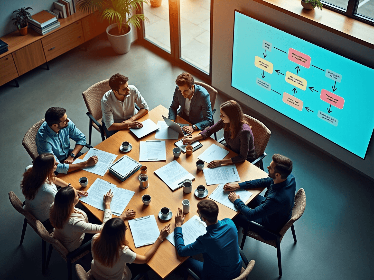 Overhead view of a team at a round table, with a wall screen showing an approval flowchart