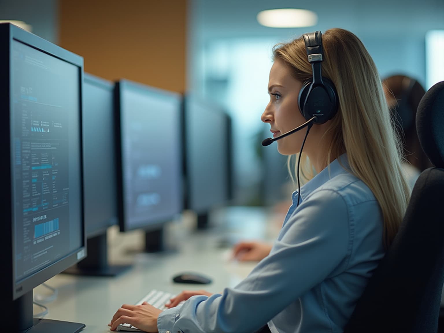Call center agent in a headset at a monitor with charts on screen