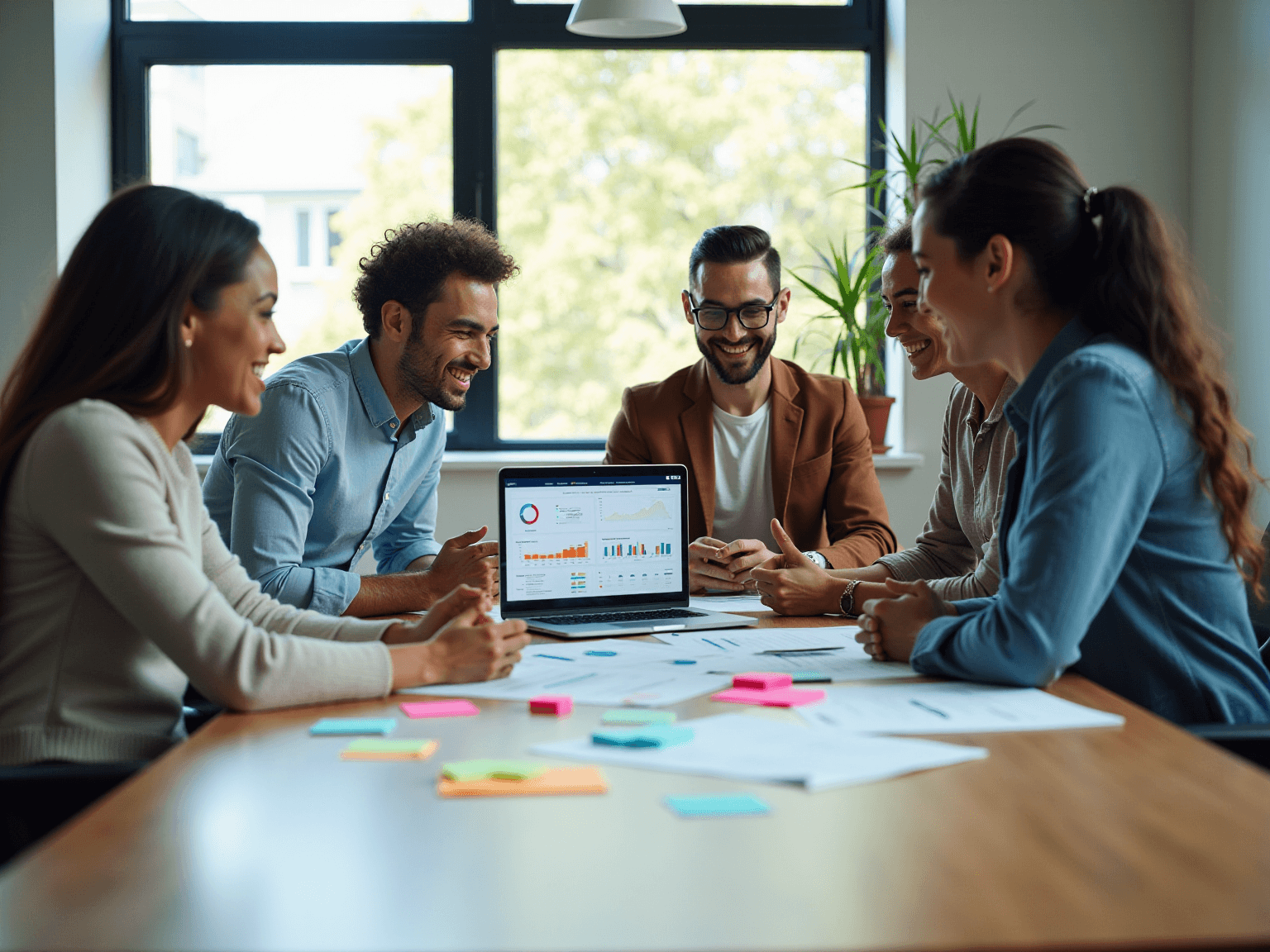 Team at a table with sticky notes and a laptop showing a pie chart