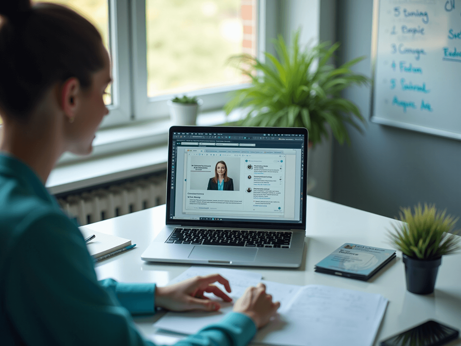 Woman at a laptop reviewing a page with a professional's photo, in a bright office