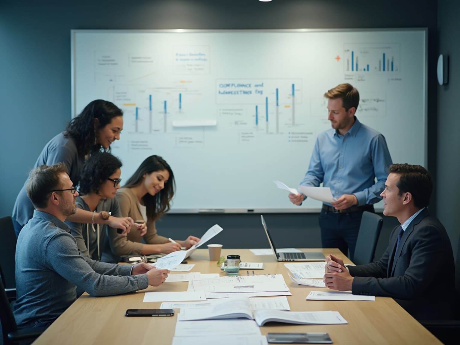 Team at a whiteboard covered in bar charts and compliance notes, a presenter with papers at the front