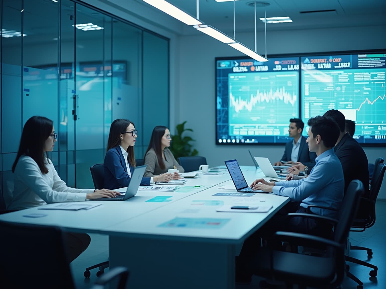 Team in a glass-walled room with laptops, facing a wall screen of data dashboards