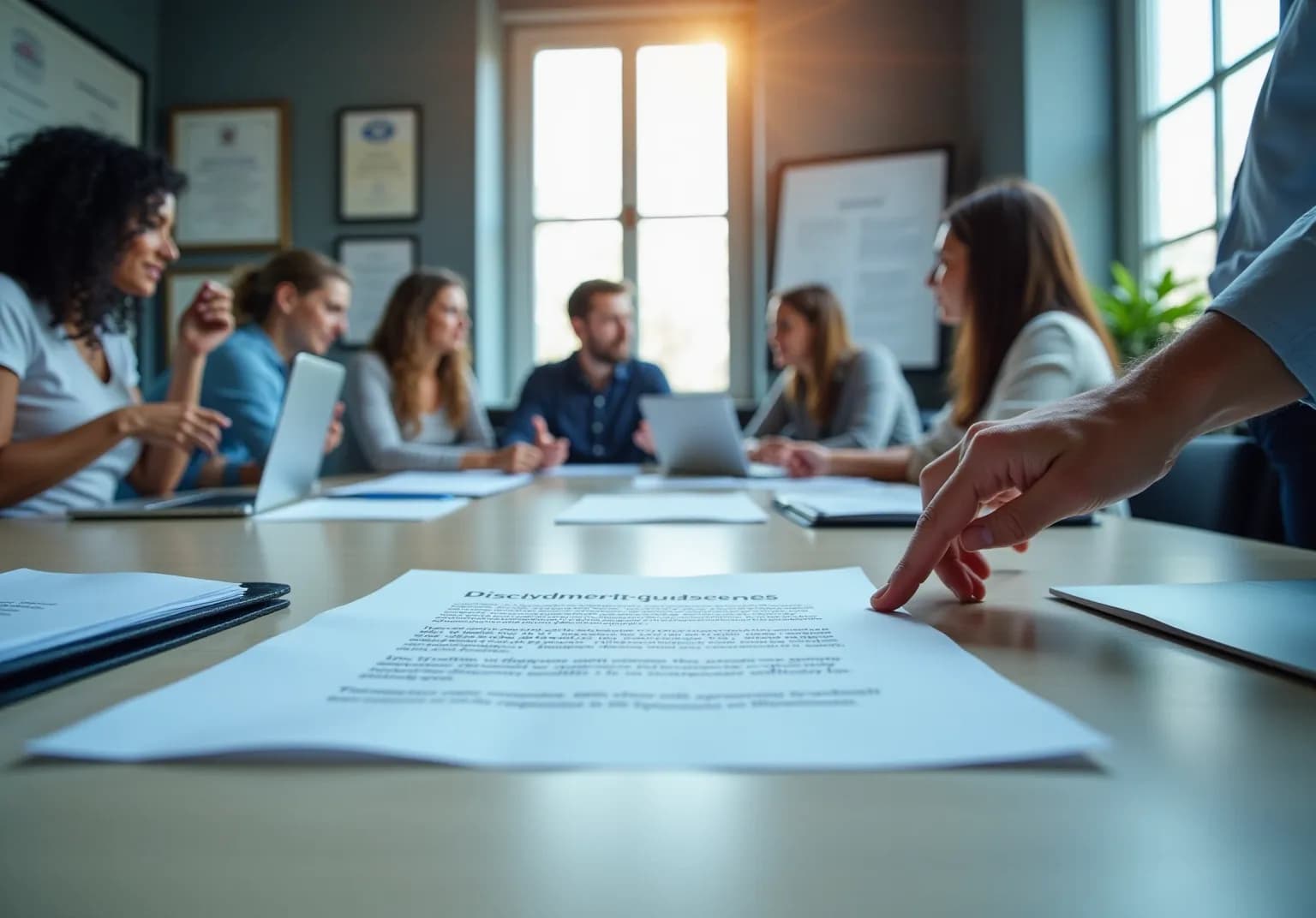 Hand pointing at a printed document on a conference table, a team in the background