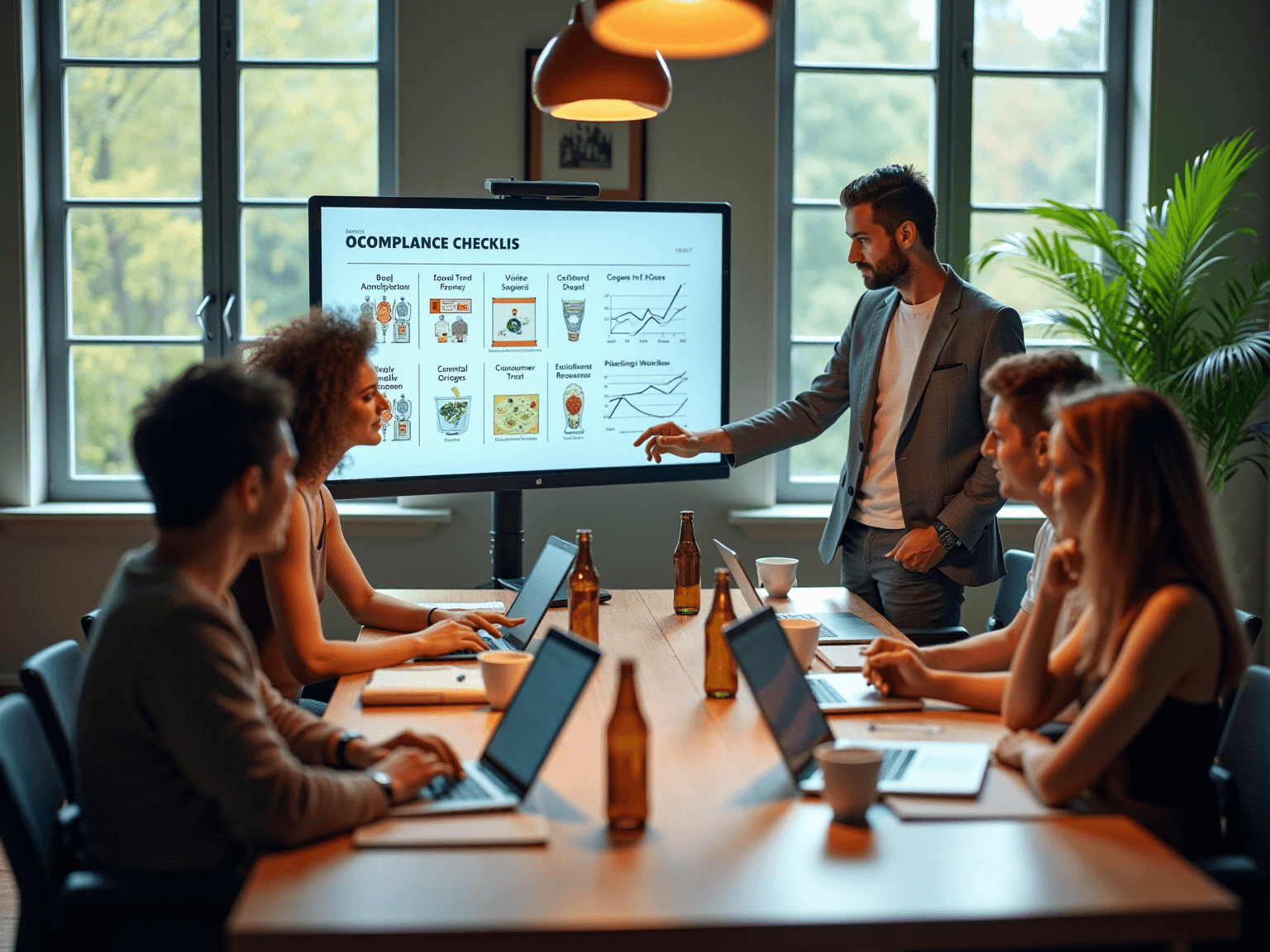Team in a meeting room viewing a compliance checklist on a wall screen, with beer bottles on the table