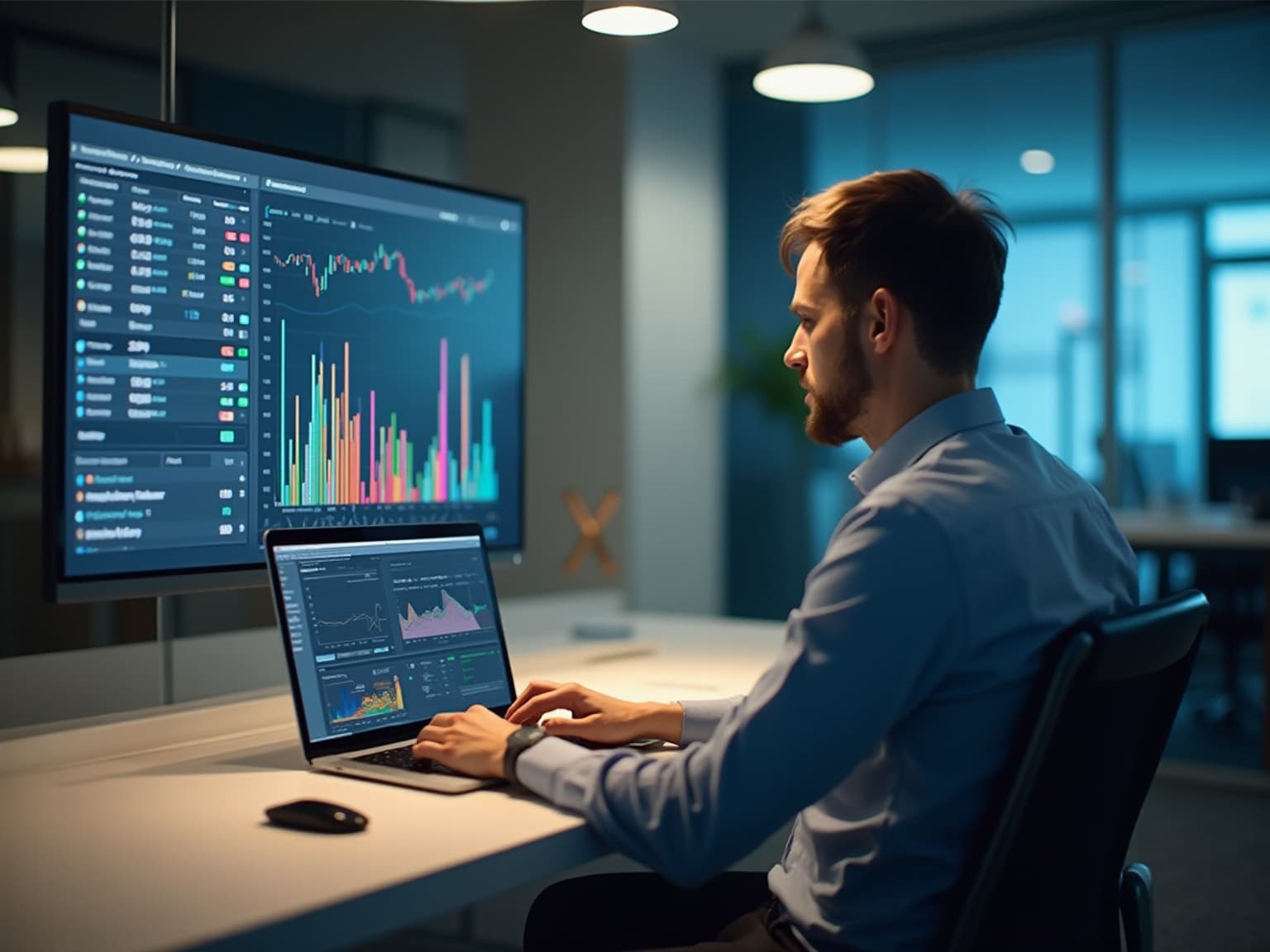 Man at a laptop facing a large monitor showing a dashboard with charts and data tables