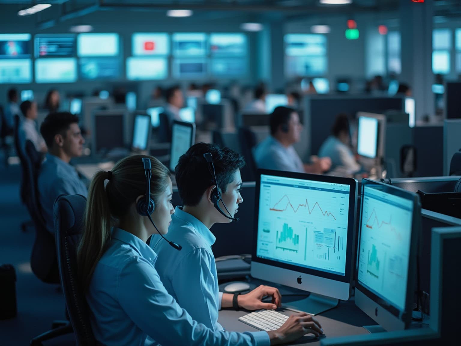 Call center agents in headsets at monitors showing performance charts