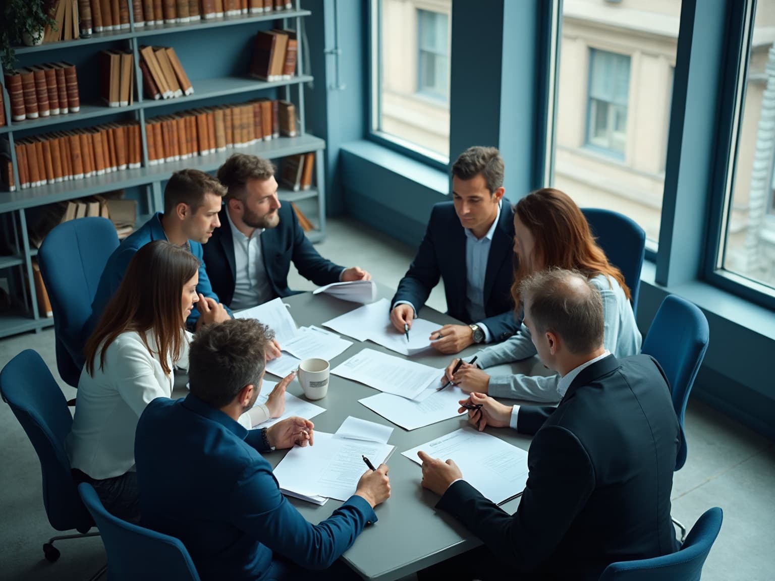 People reviewing documents together at a table in an office lined with bookshelves