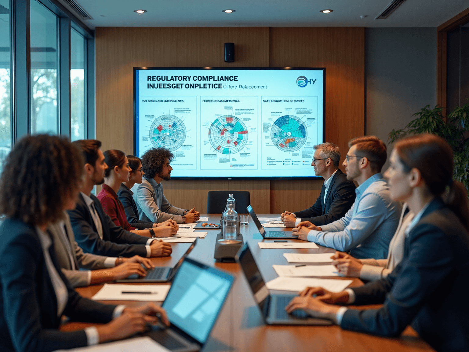 Team around a conference table facing a wall screen of pie charts under Regulatory Compliance