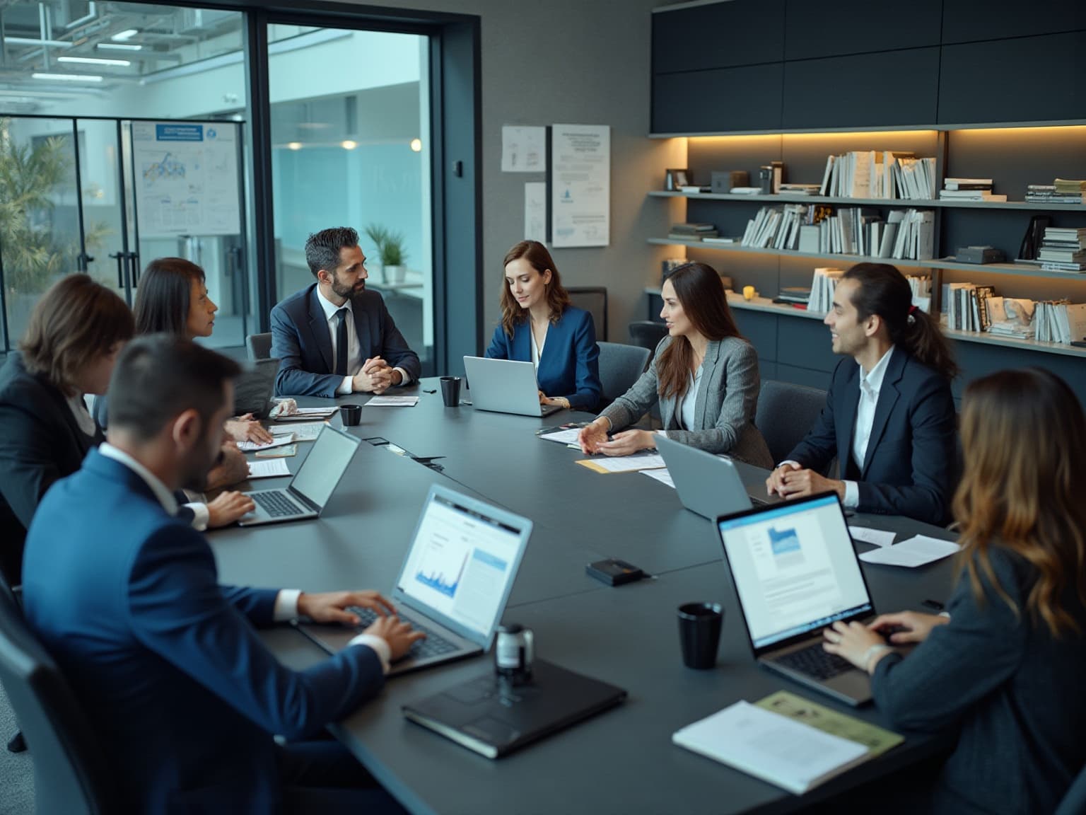 Business professionals with laptops discussing at a table in a modern office