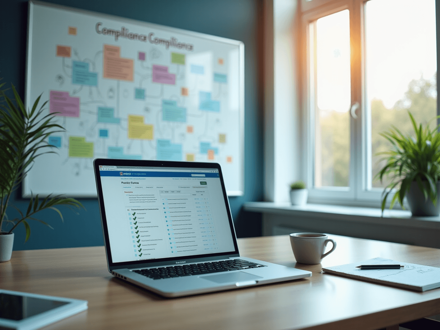 Laptop on a desk in front of a whiteboard of sticky notes and a flowchart, showing a compliance checklist