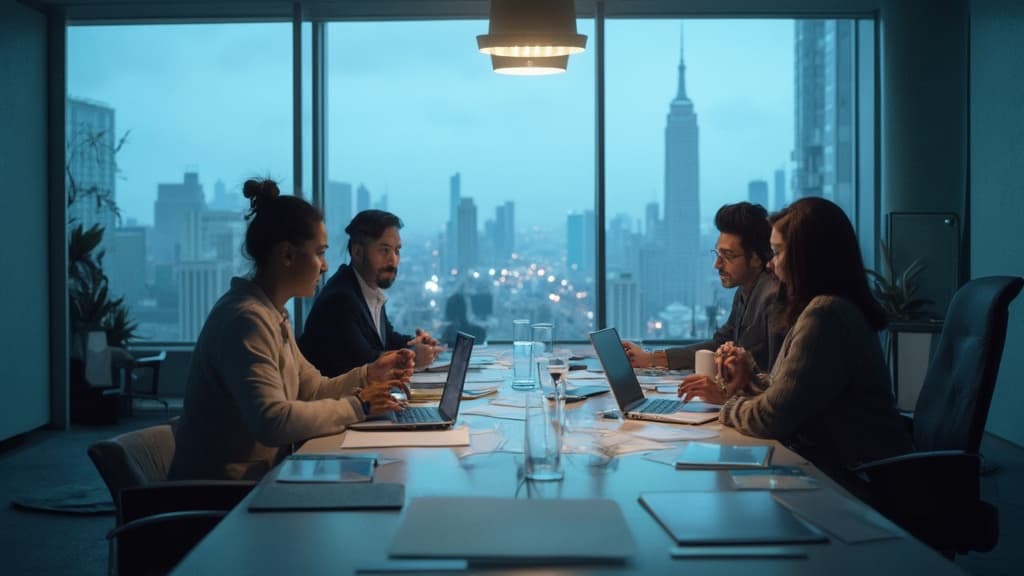 Team at a glass conference table in a city-view room, lit in cool blue
