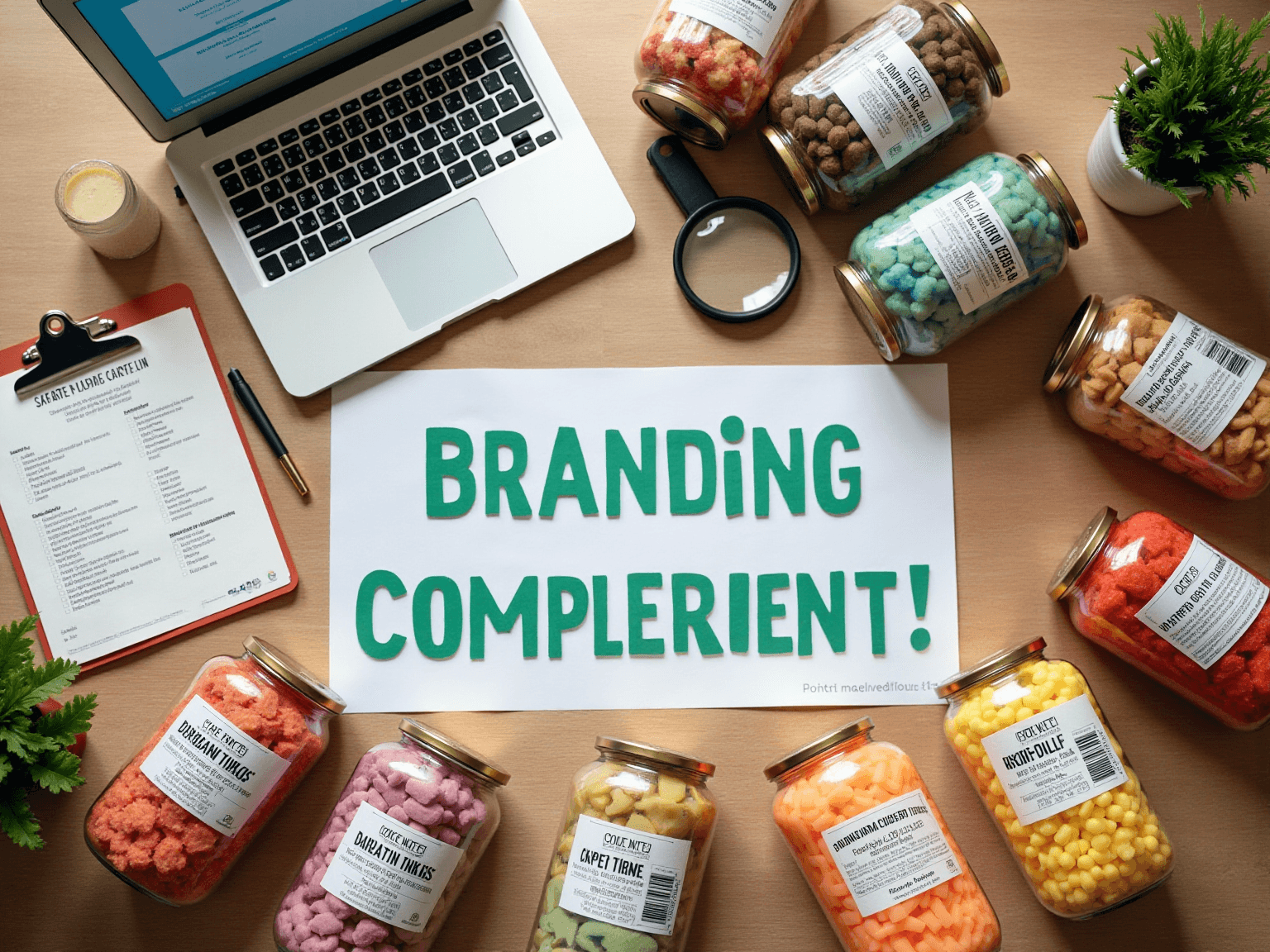 Jars of colorful candy and snacks with labels around a paper sign reading Branding Compliance