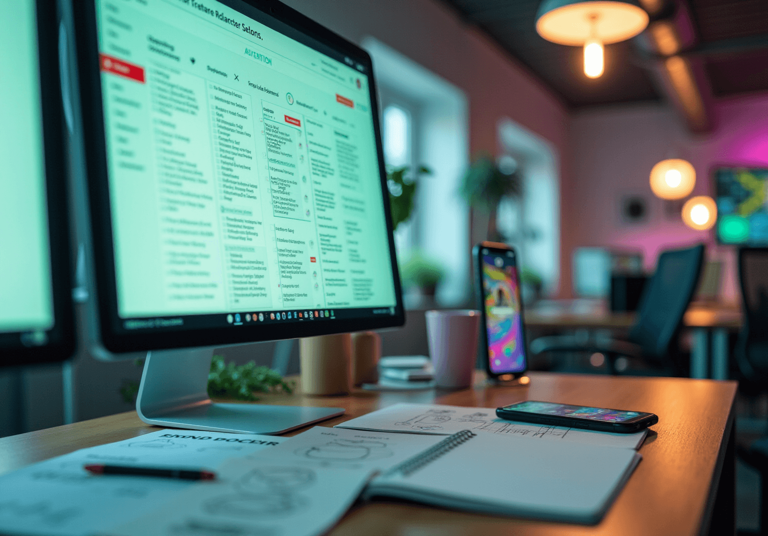Desk with a monitor showing a review grid, and a phone with a colorful social feed