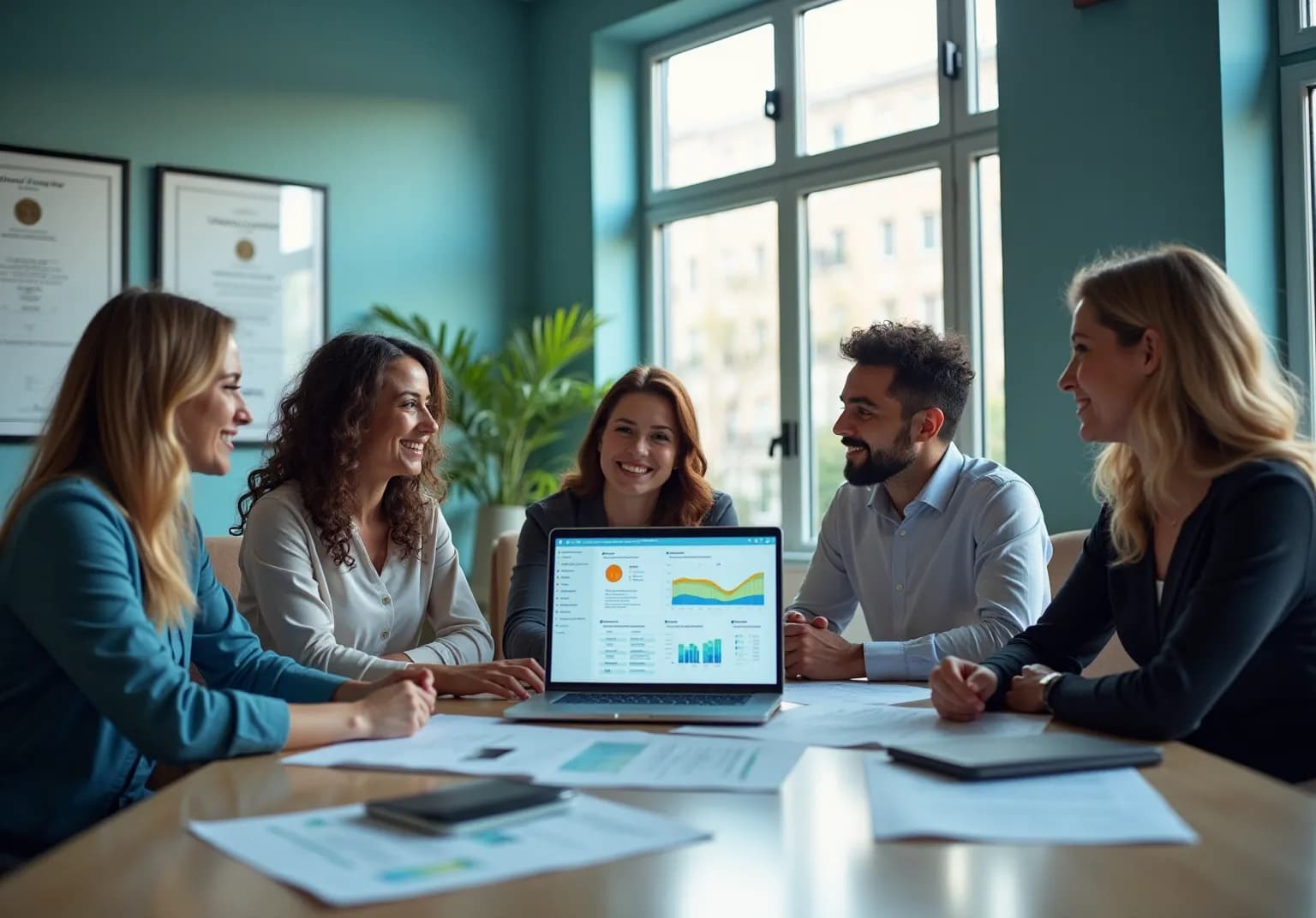 Man pointing at a laptop dashboard of charts while colleagues look on