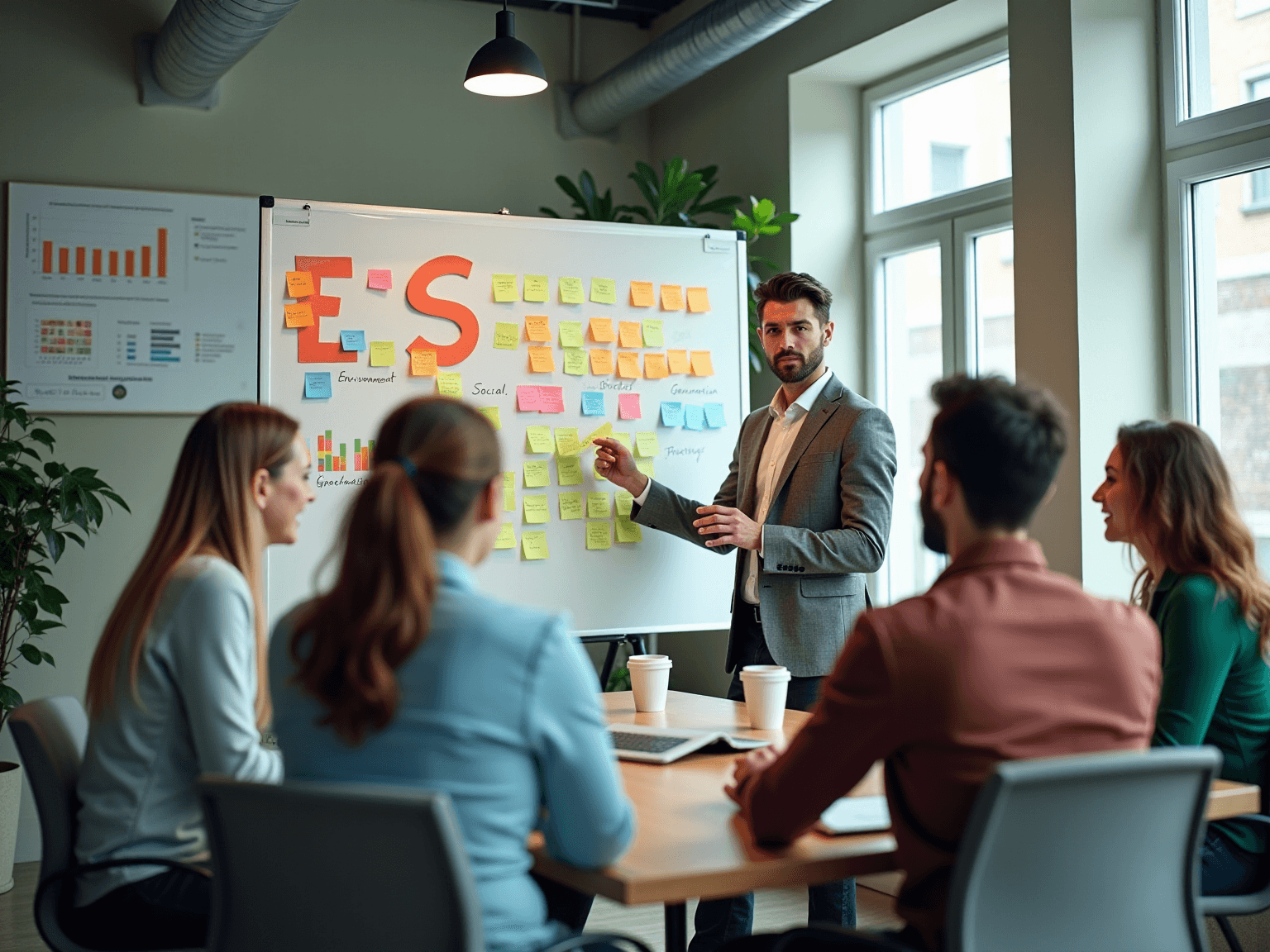 Presenter at a whiteboard with large ESG letters and sticky notes, with a team seated in front