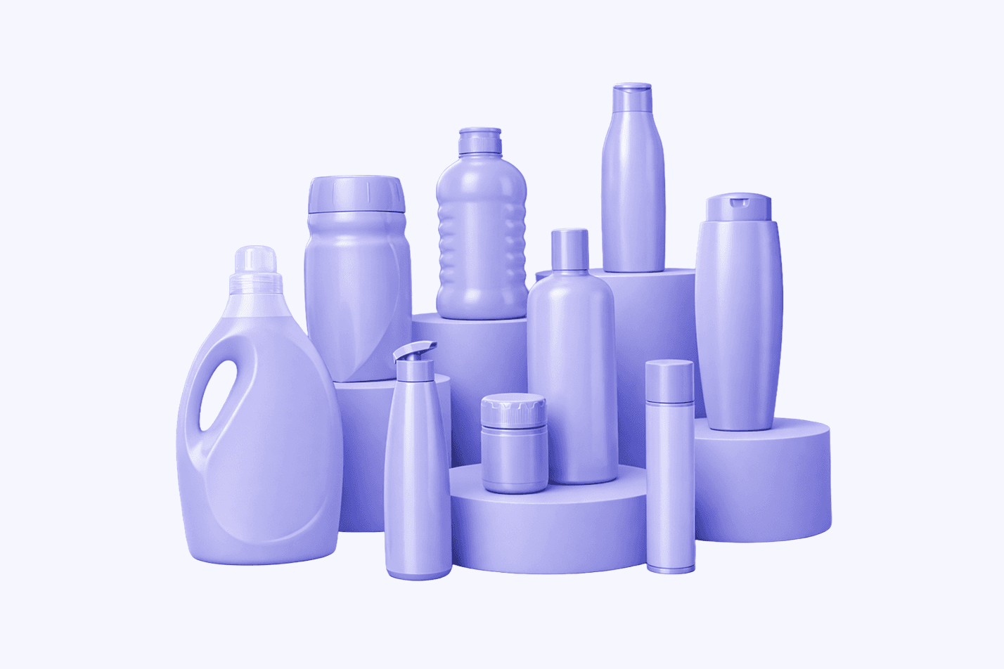 Lavender household bottles and jugs of varying shapes on round plinths