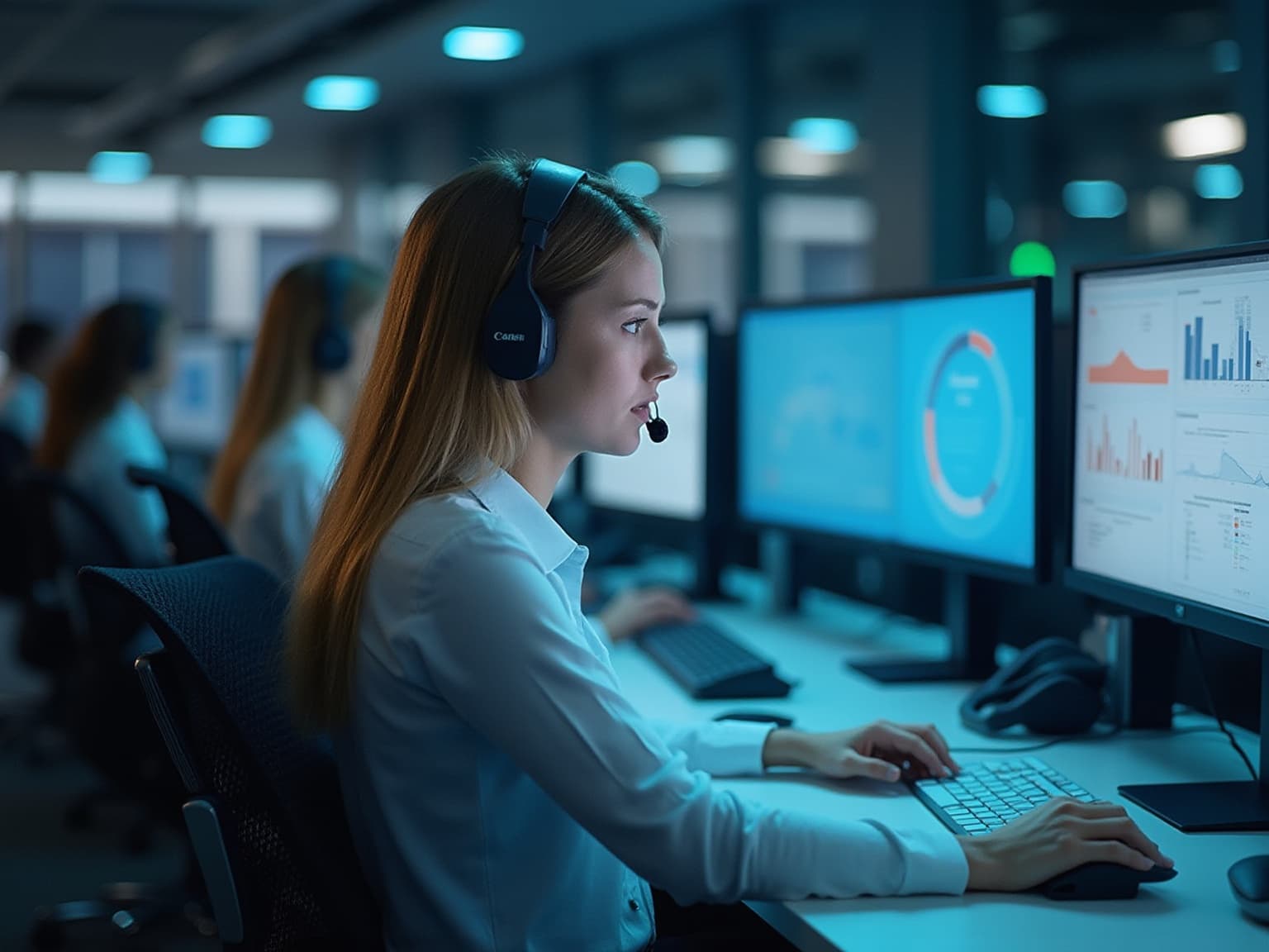 Agent in a headset at a monitor with call-center performance charts