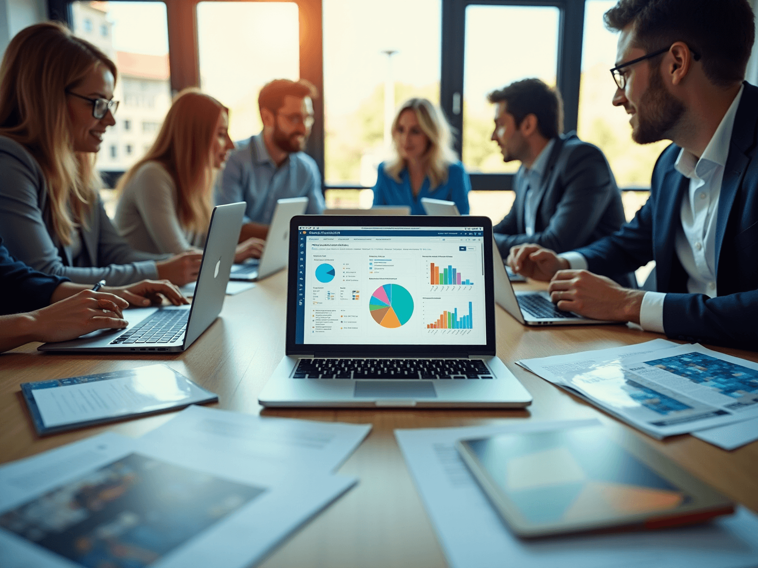 Team around a table with laptops and papers, one laptop showing a pie chart