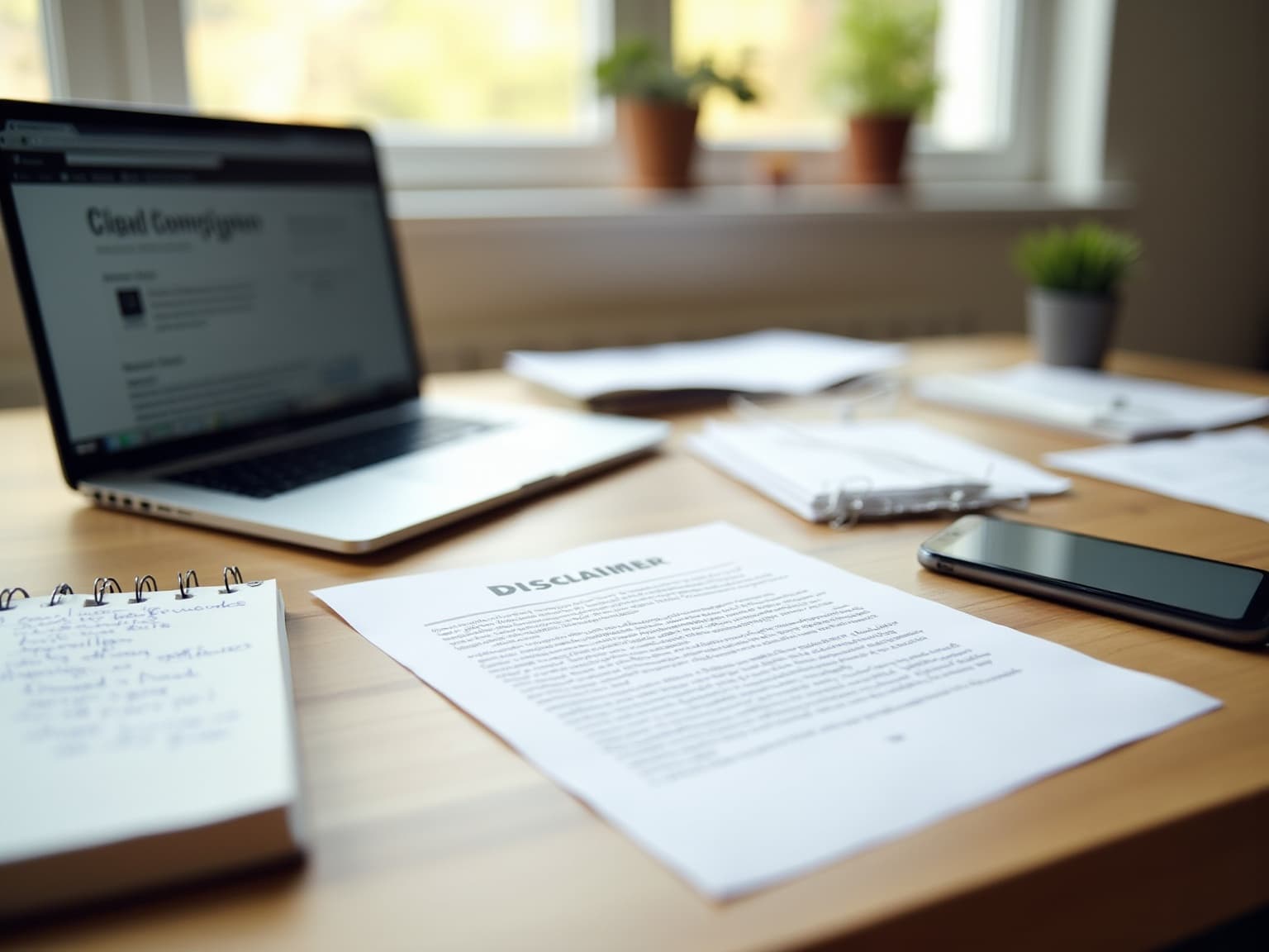 Printed disclaimer page on a wooden desk beside a laptop, notebook and phone