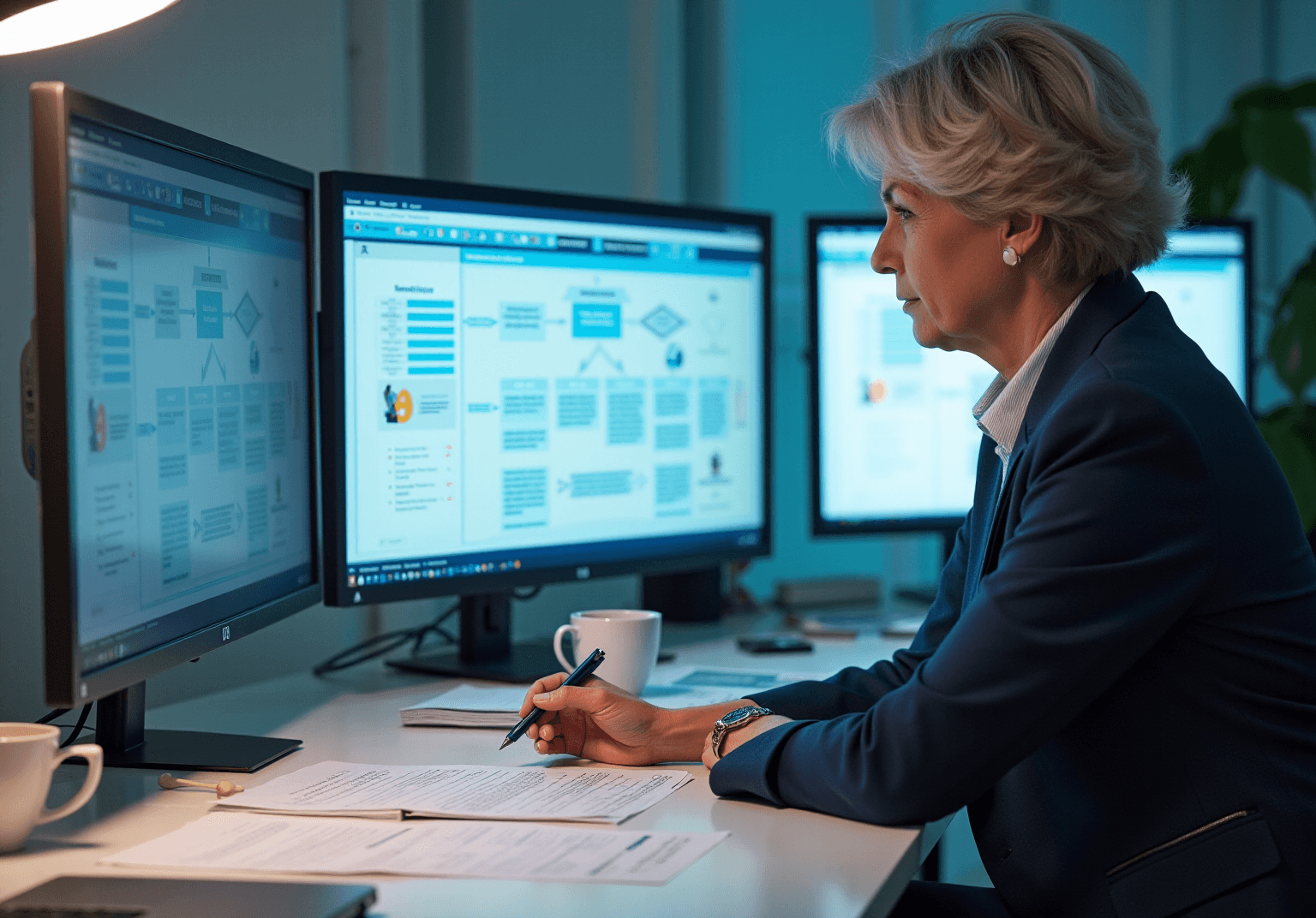 Professional reviewing flowcharts on two monitors at a desk with a coffee cup