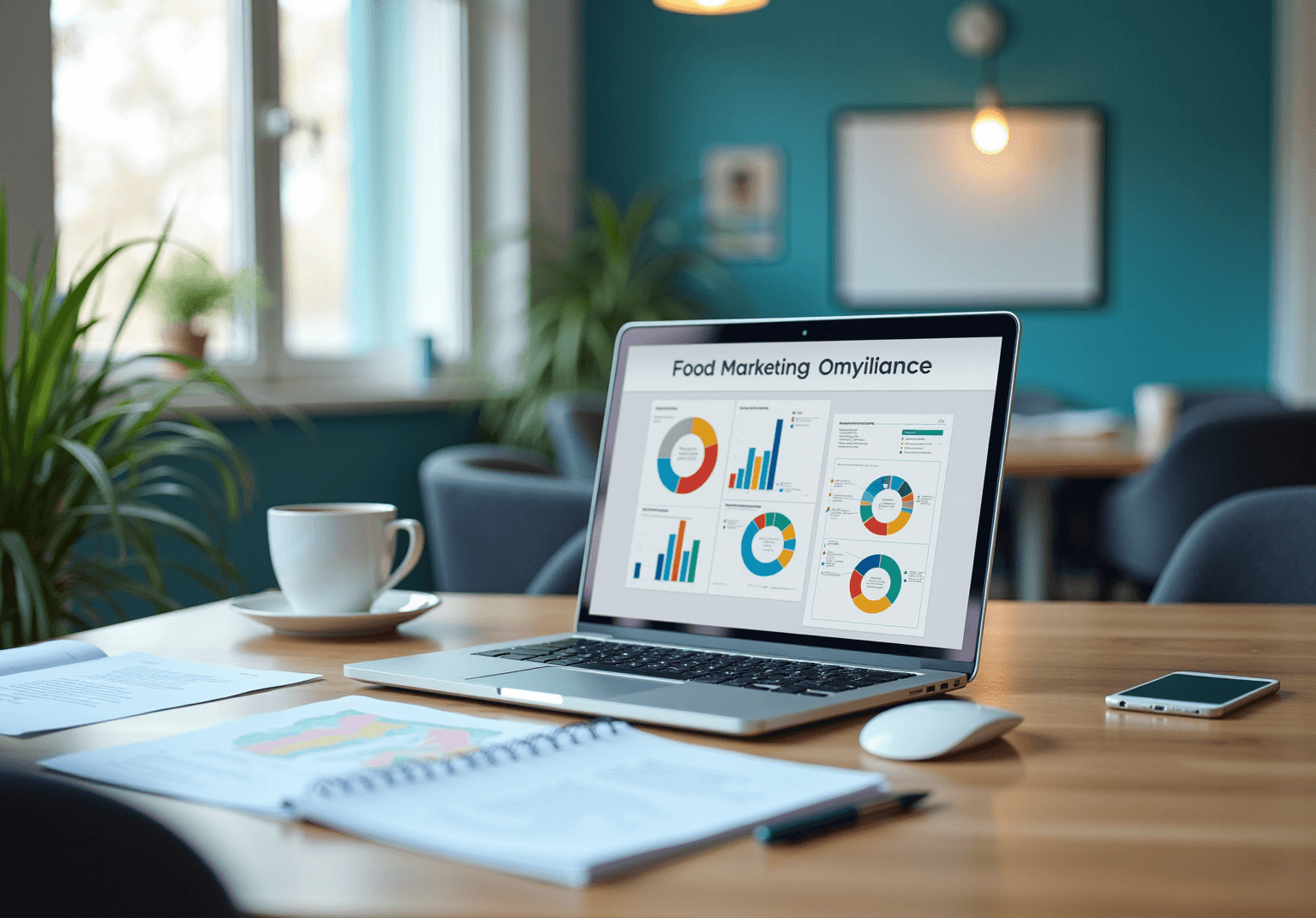 Laptop on a table showing a Food Marketing Compliance dashboard of charts