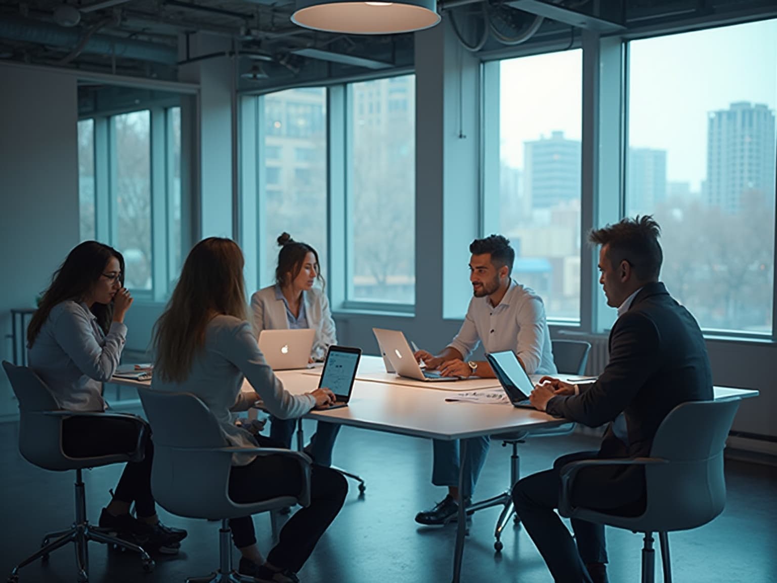 Team with laptops at a table by tall windows overlooking a city