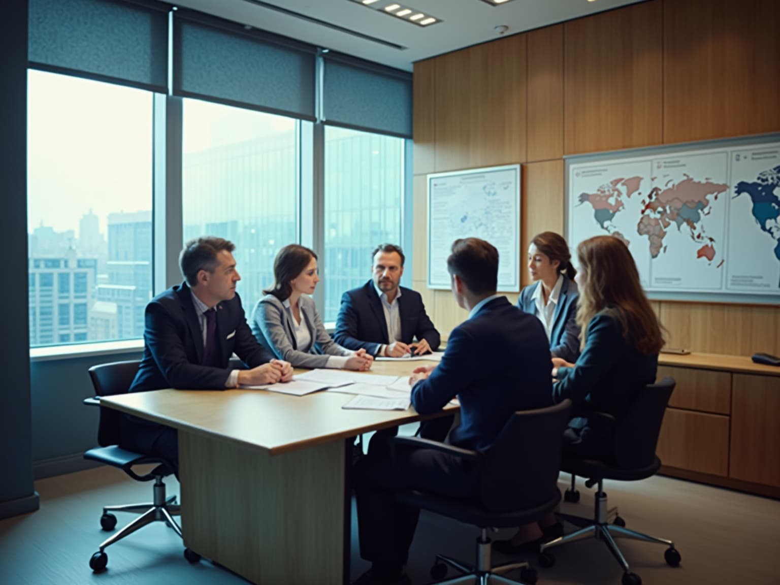 Team seated around a boardroom table beneath a wall world map