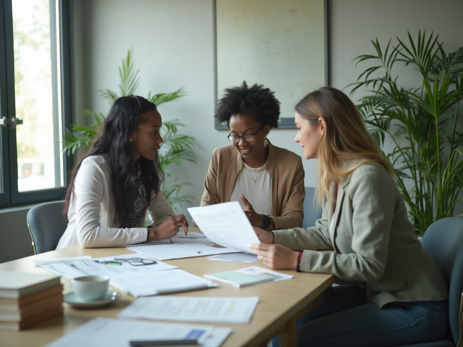 Three colleagues reviewing printed documents together at a table