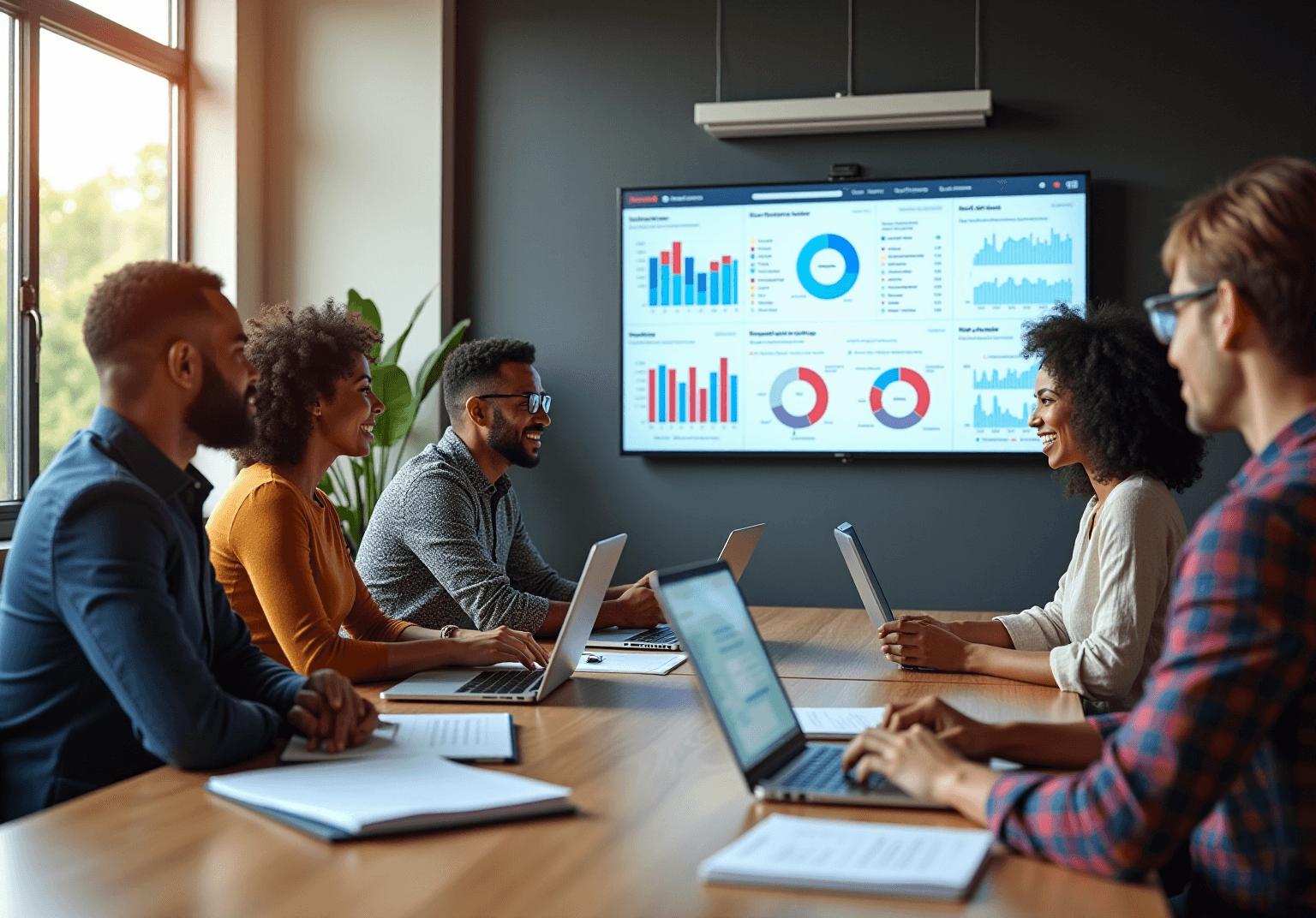 Team in a bright meeting room with a wall screen showing charts and a laptop on the table