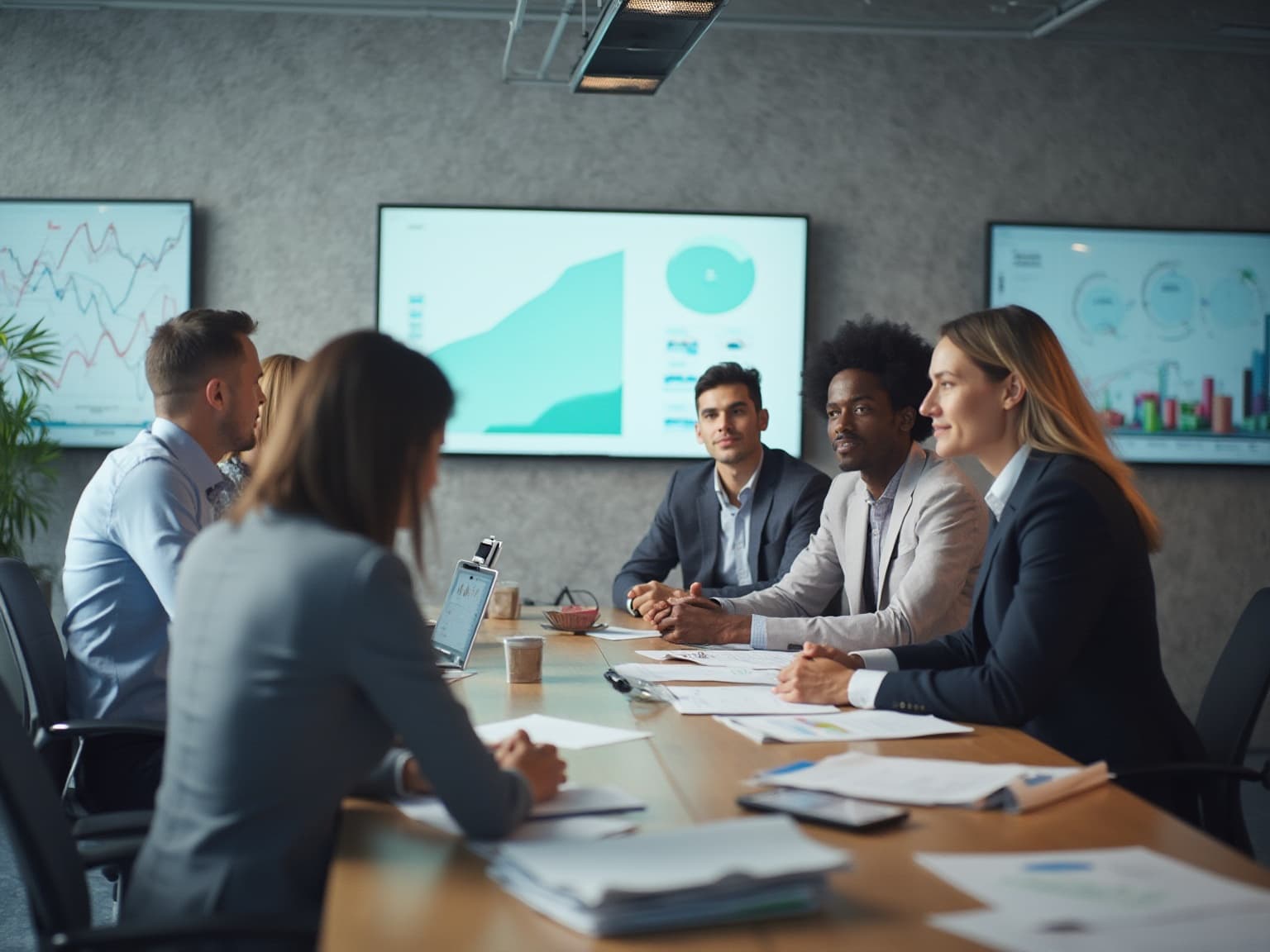Team in a boardroom with wall screens of charts, a woman in front presenting to colleagues