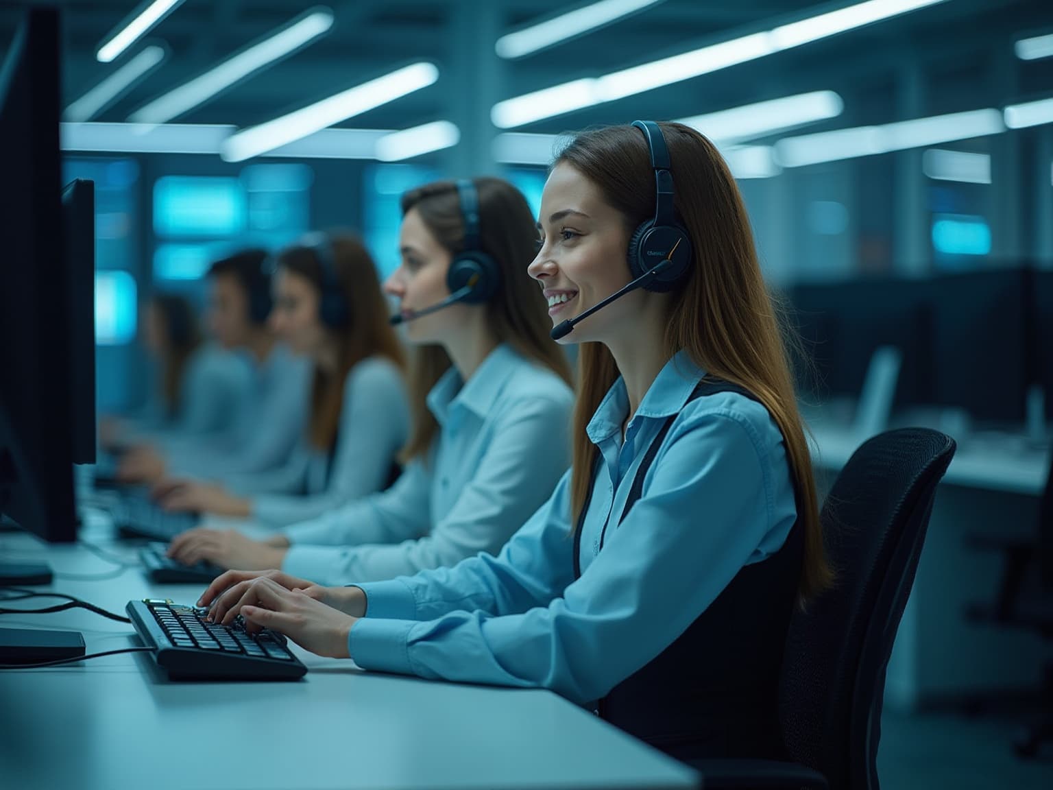 Smiling call center agents in headsets working at desks