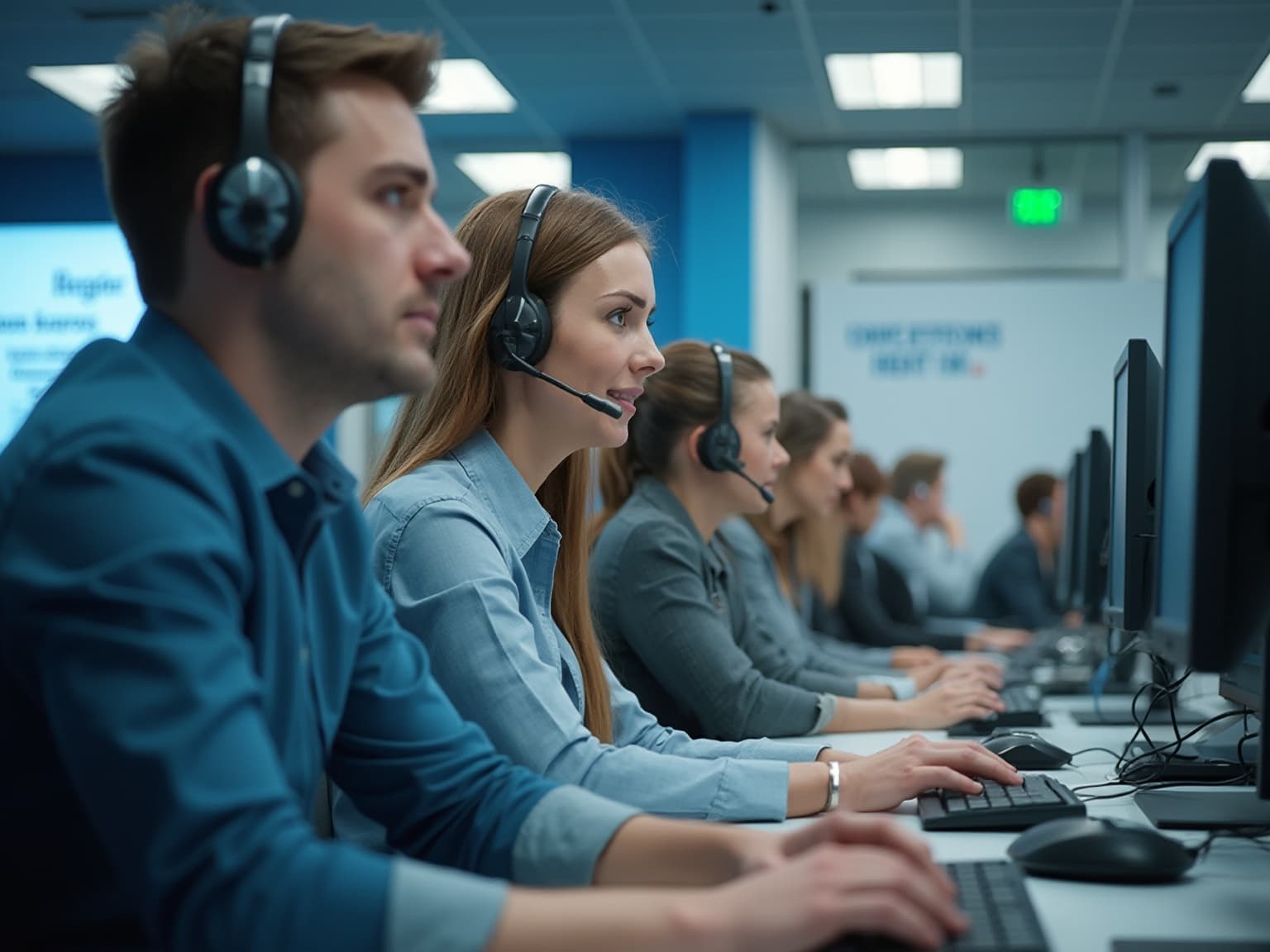 Call center agents in headsets working side by side at computer monitors