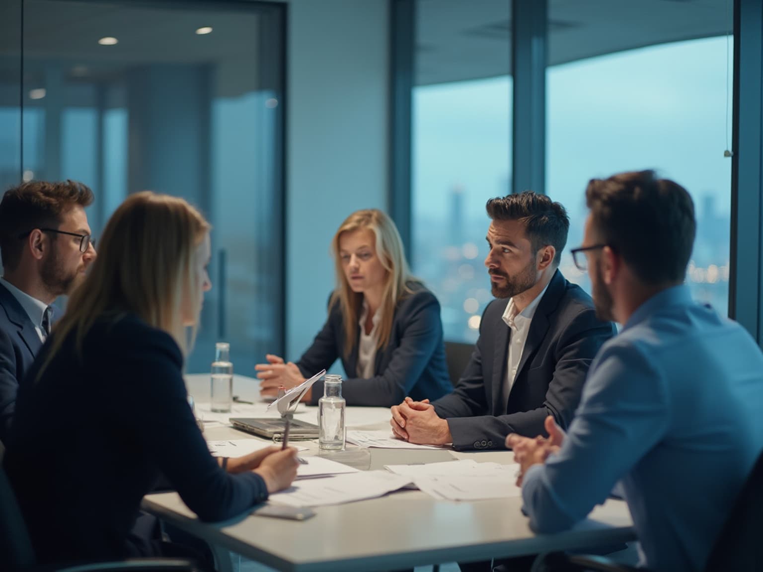 Colleagues in a boardroom at dusk talking across a table of papers and water bottles