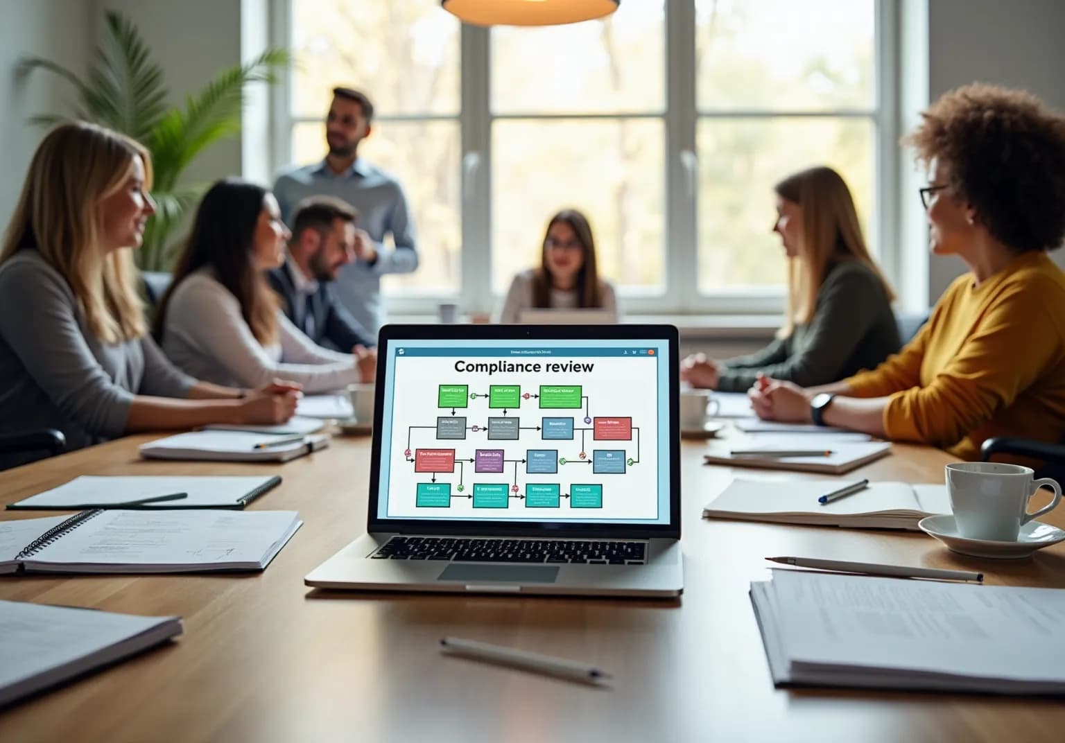 Laptop showing a compliance review flow chart on a conference table