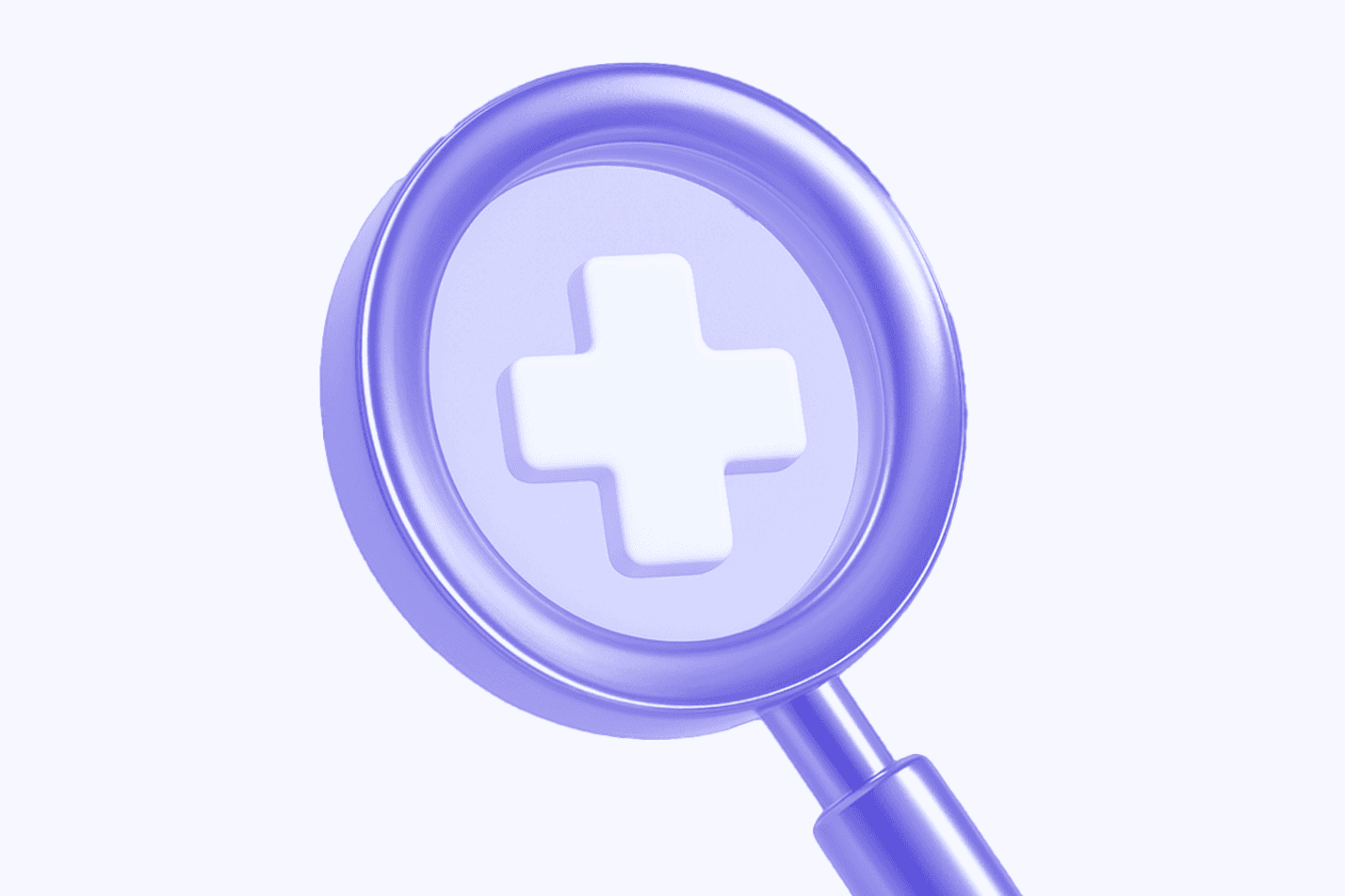 Close-up of a purple magnifying glass with a white medical cross