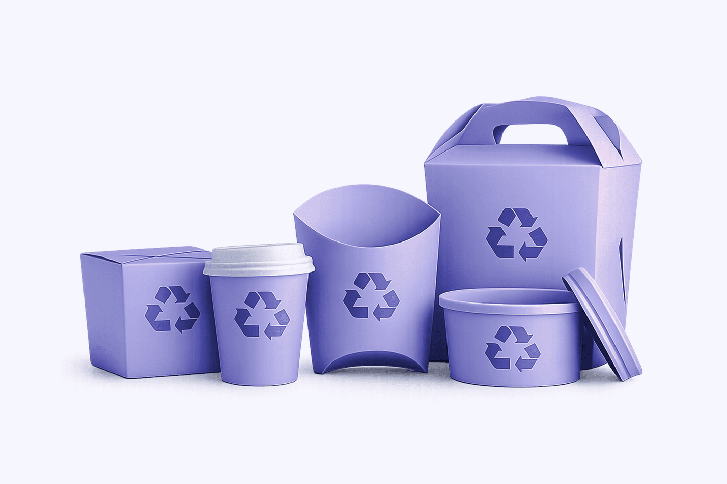 Lavender takeaway containers and cups, each marked with a recycling symbol
