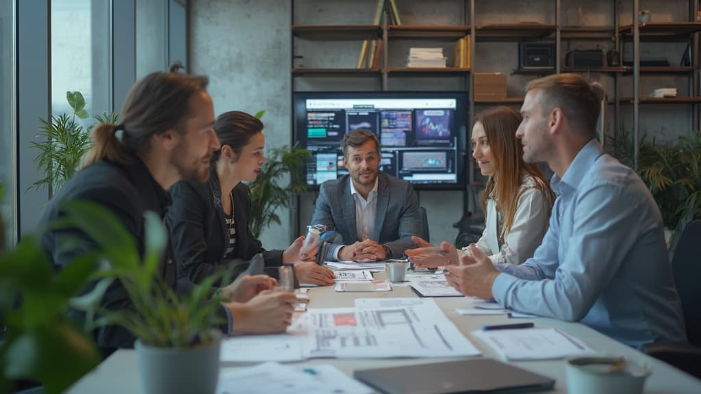 Team at a conference table below a wall monitor of dashboards, with bookshelves behind