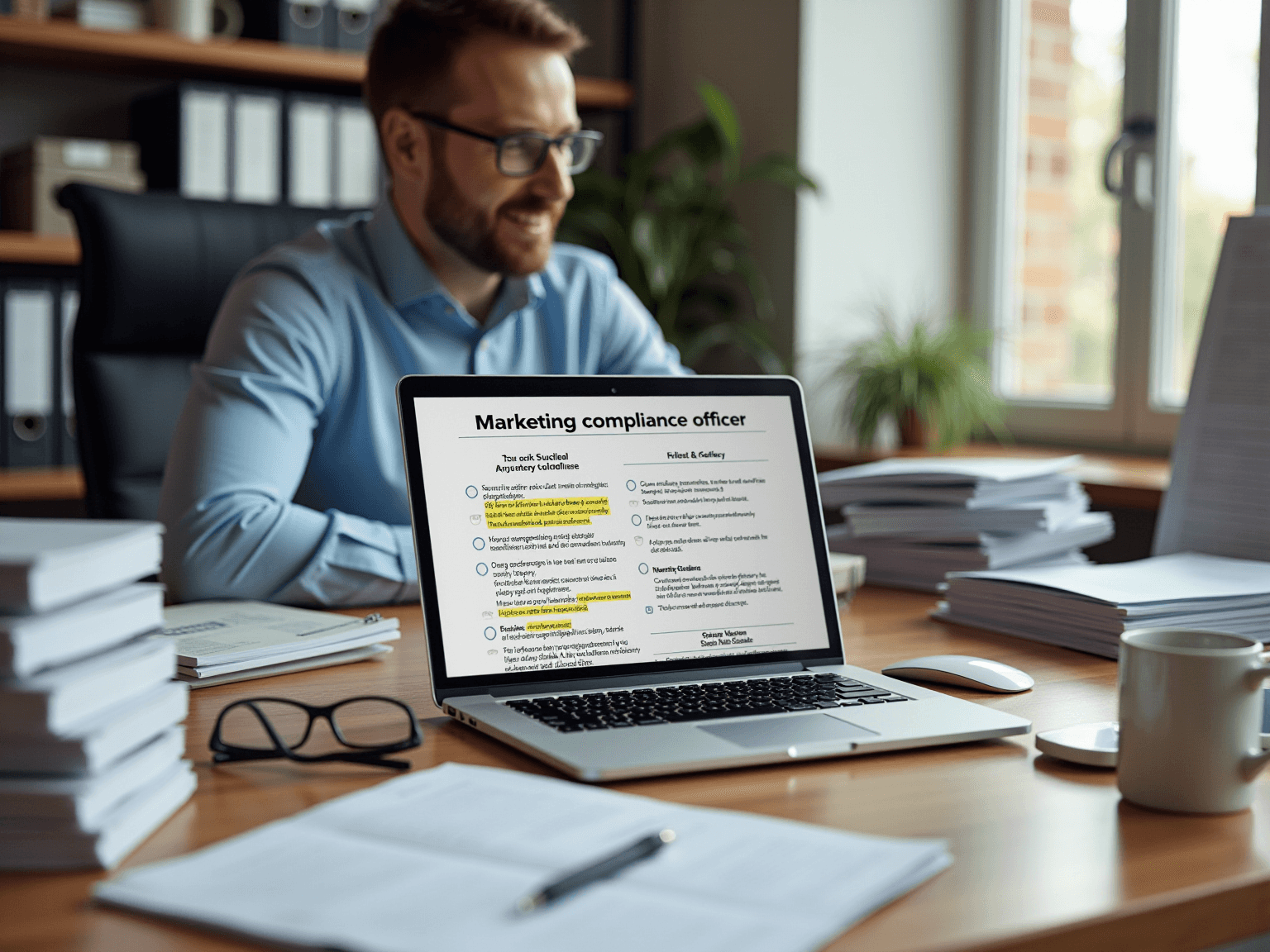 Smiling man at a laptop showing a checklist document, beside stacks of binders