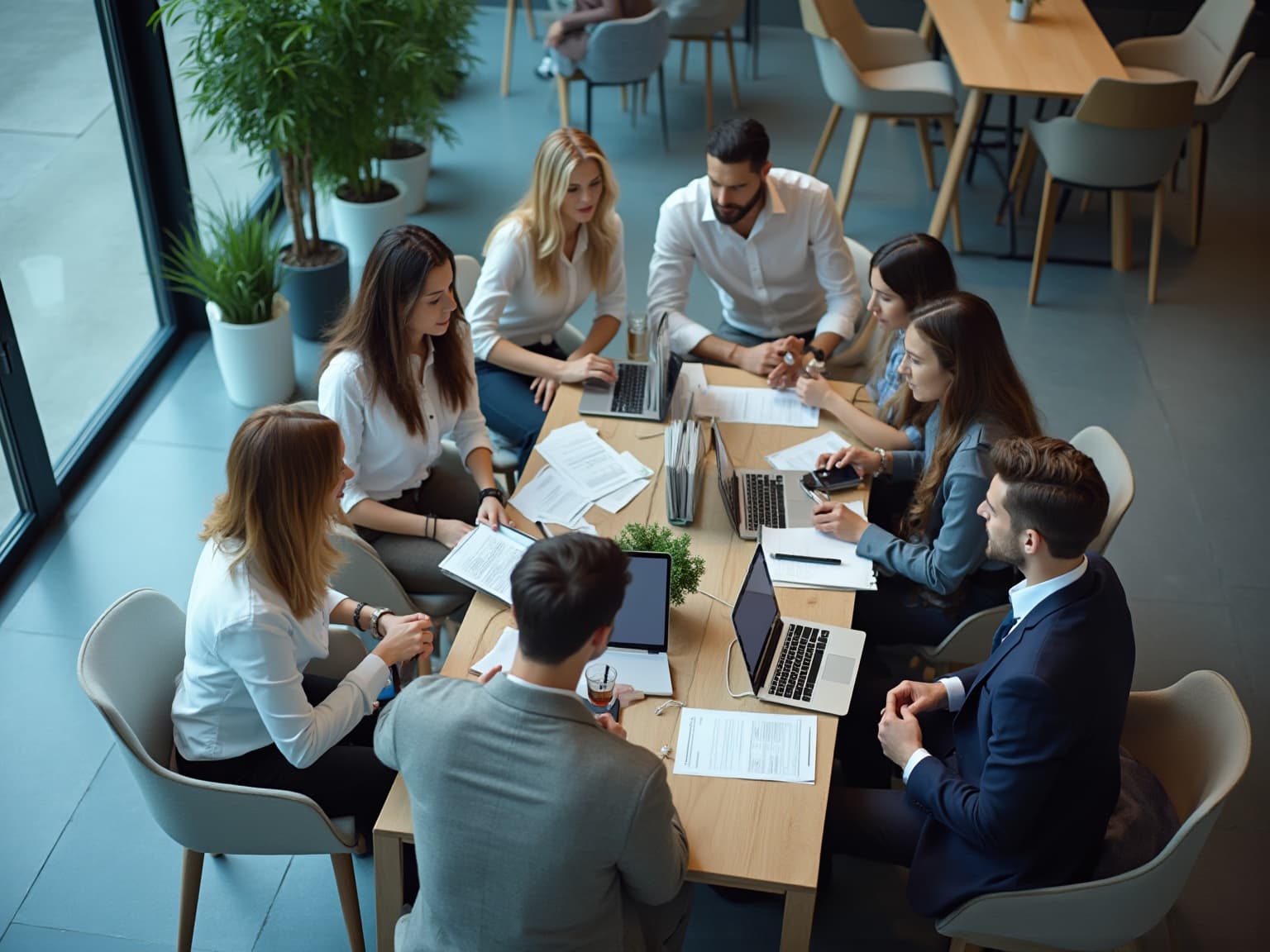 Overhead view of a team around a wooden table with laptops and printed documents