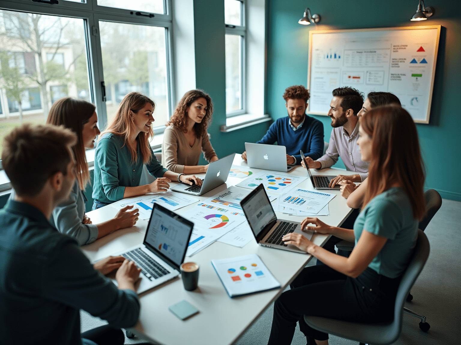 Team in a teal meeting room with laptops, printed charts and a whiteboard of diagrams