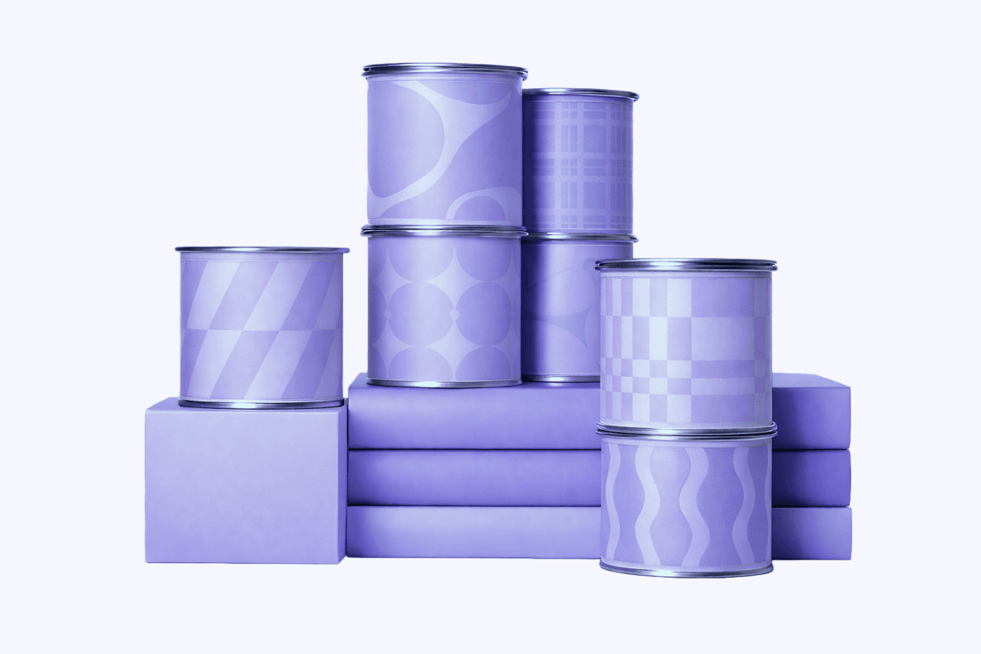 Stacked lavender tin cans with patterned labels on lavender blocks