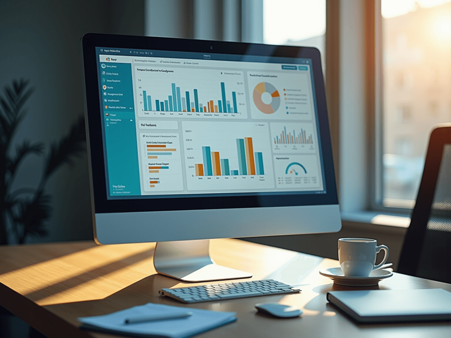 Monitor showing a compliance dashboard with bar charts on a sunlit desk beside a coffee cup