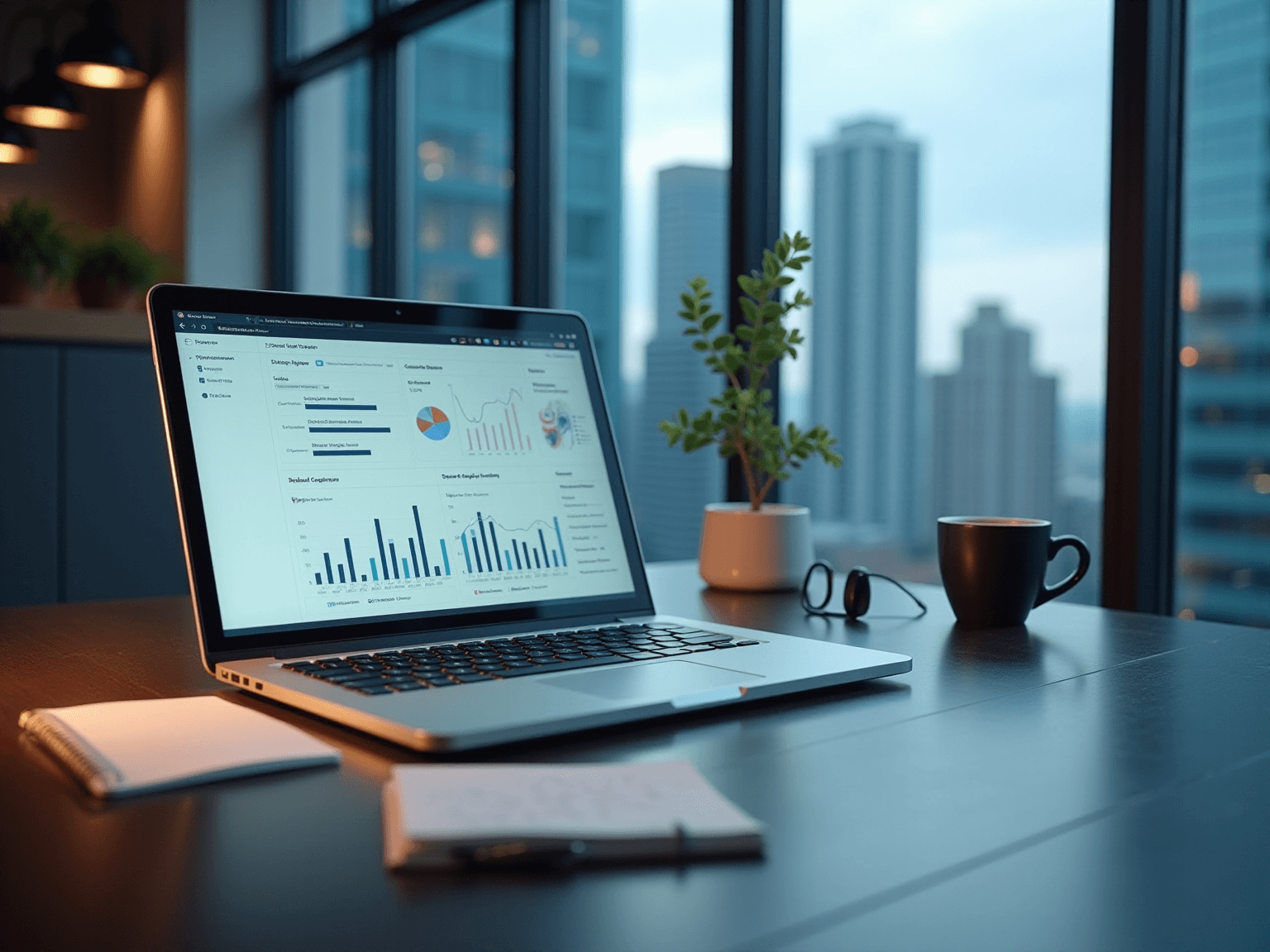Laptop on a desk showing a dashboard of charts, with city towers seen through the window