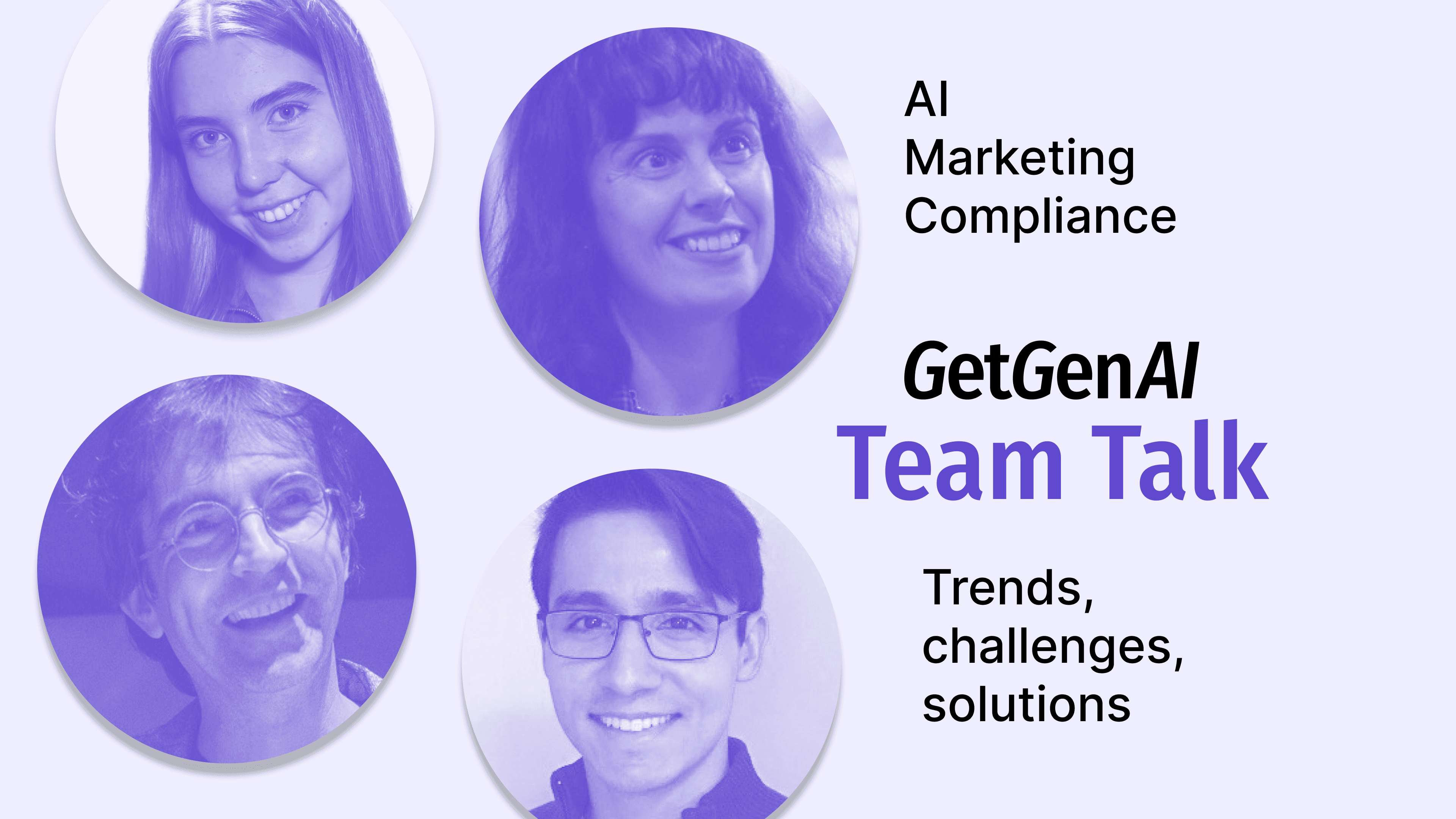 Four purple-tinted headshots beside the Inspack Team Talk logo on AI marketing compliance