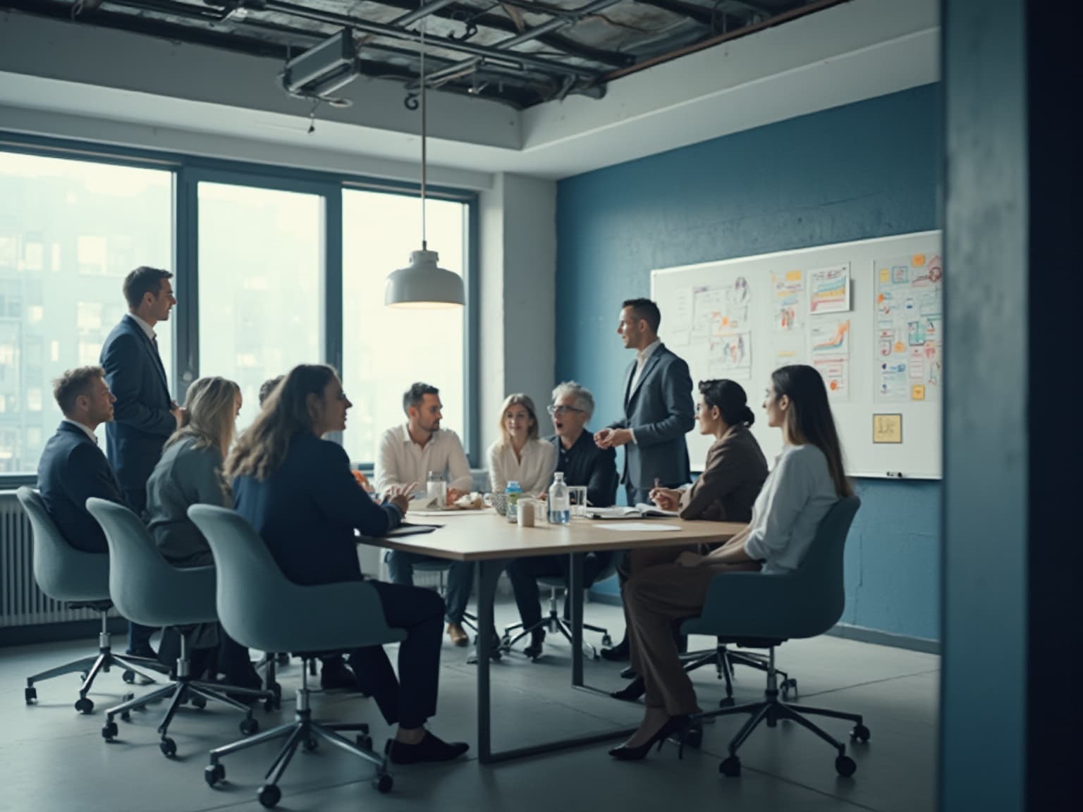 Team seated around a table while a presenter stands before a whiteboard of sticky notes