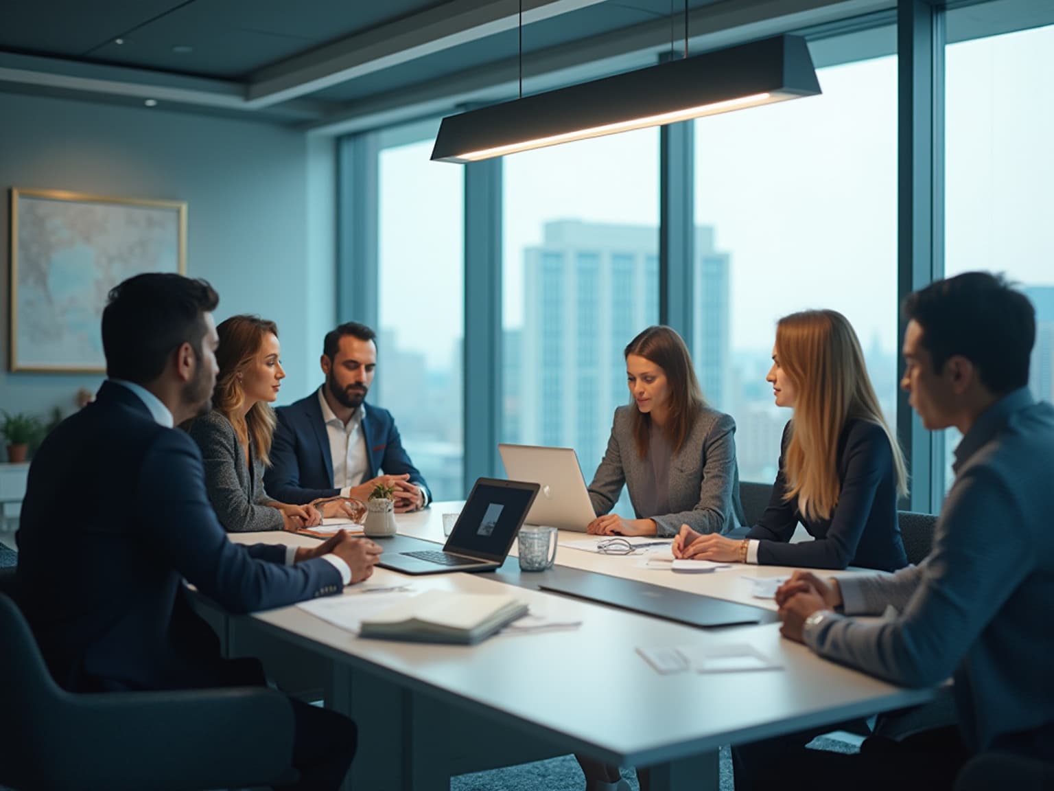 Team meeting at a glass-walled conference table, with a framed map on the wall