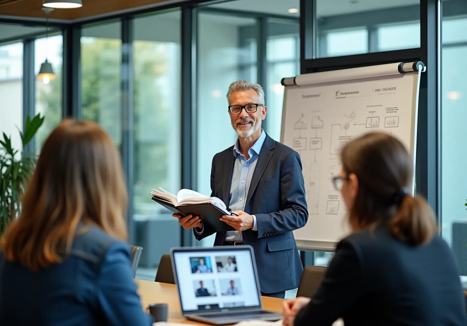 Man with glasses holding an open binder beside a flip chart, speaking to colleagues