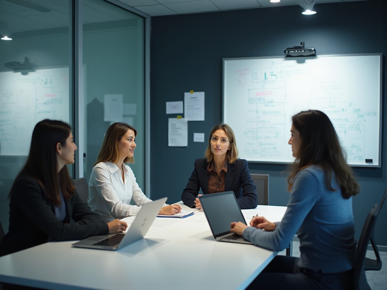 Team at a meeting table with laptops, whiteboard flowcharts behind them