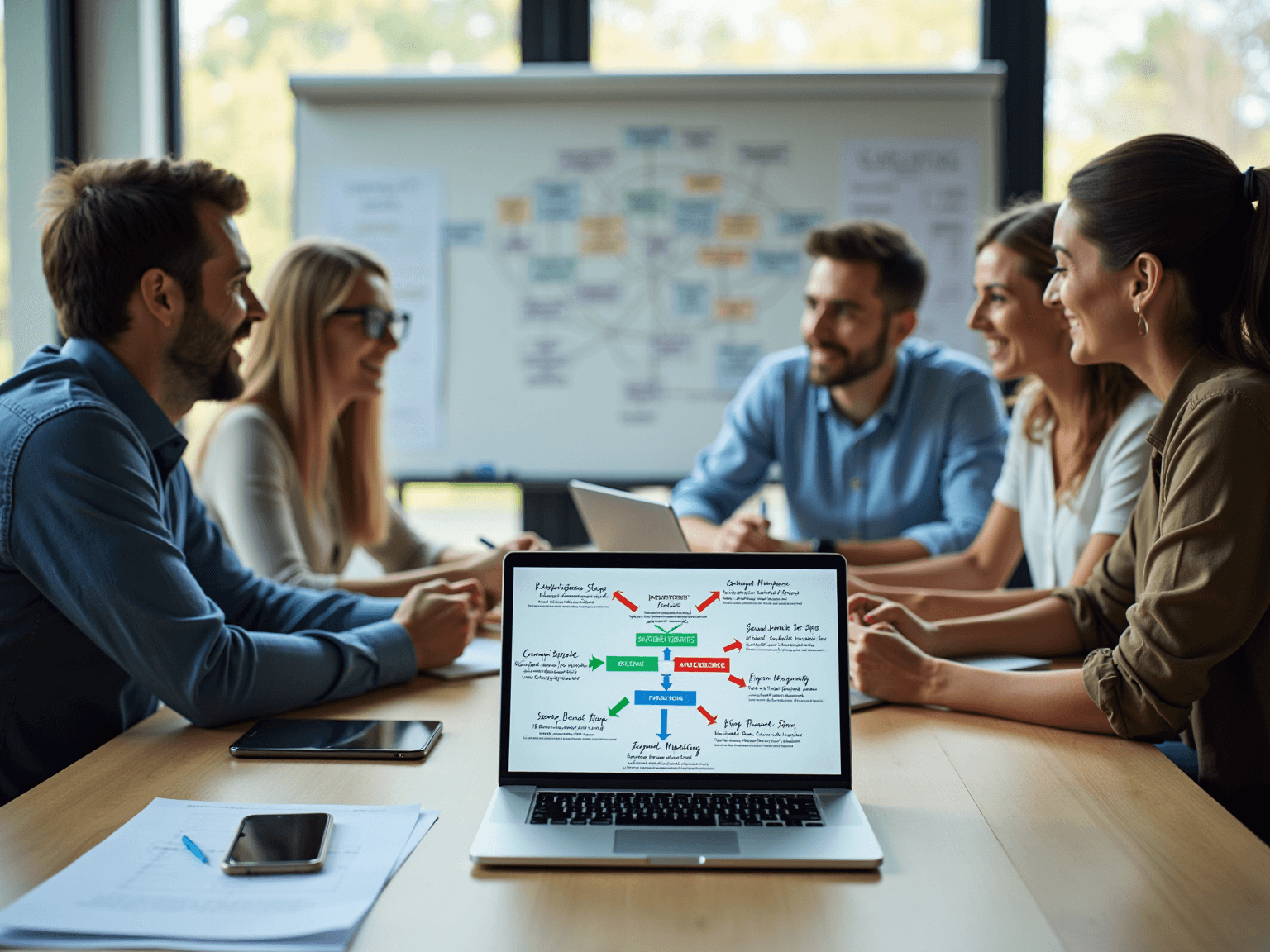 Team at a table with a laptop showing a compliance flowchart in front of a whiteboard